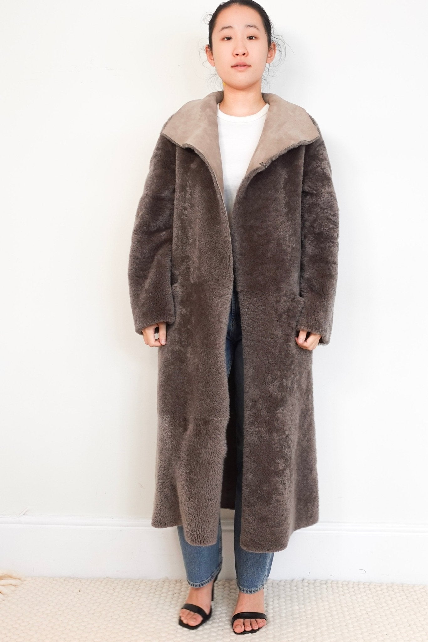 Nour Hammour Taupe Grey Sheepskin Maxi Coat RRP £2000 | Authentic Preloved - Reloved Again