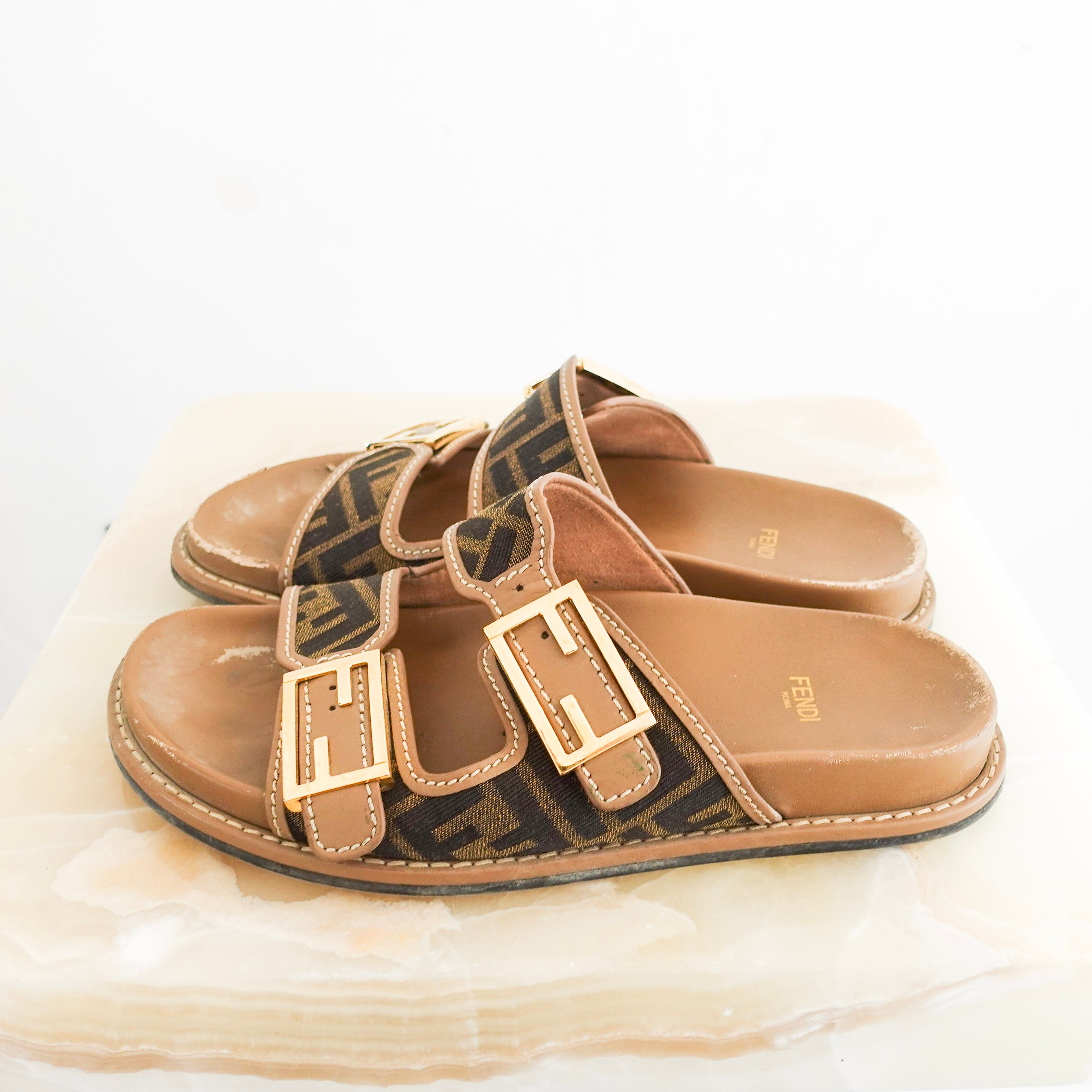 Feel Brown FF fabric slides RRP £800