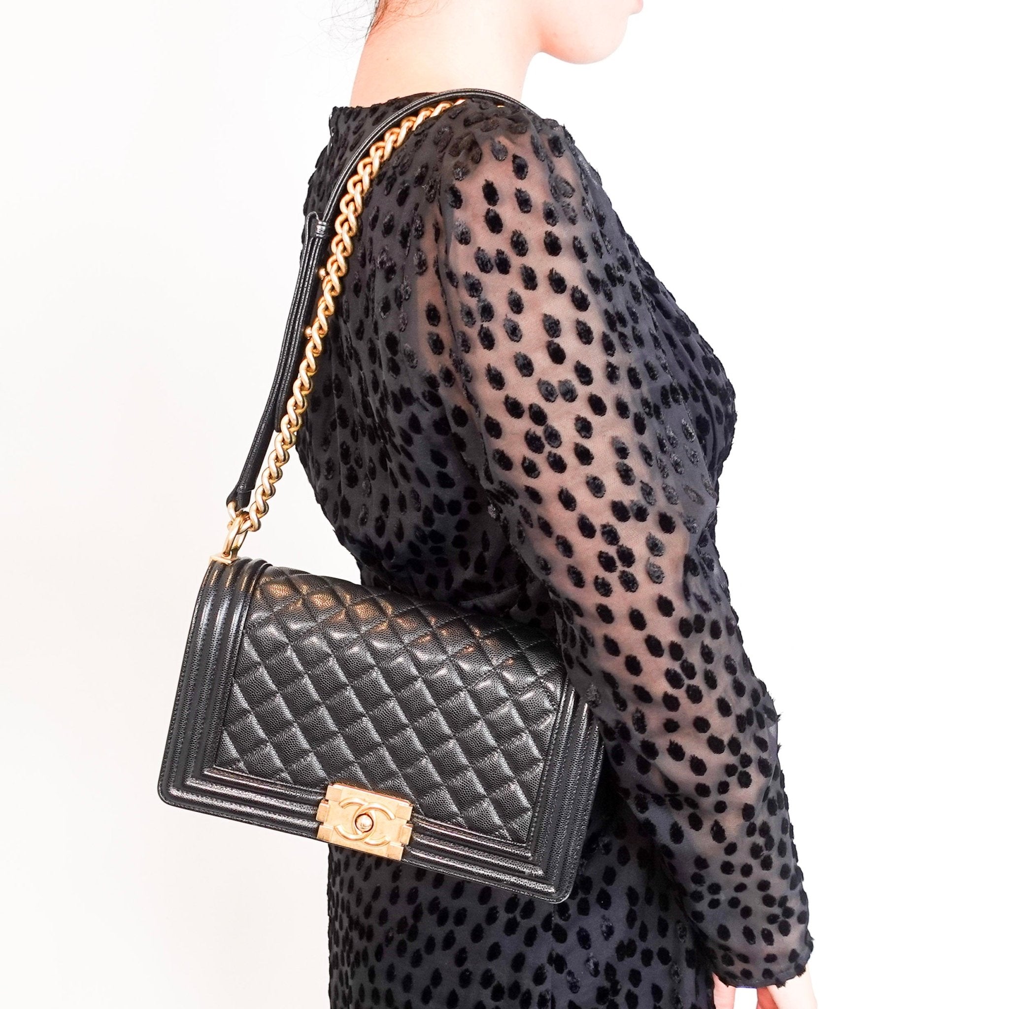 Chanel Medium Boy Bag in black caviar leather with gold CC clasp RRP £6,000 | Authentic Preloved - Reloved Again