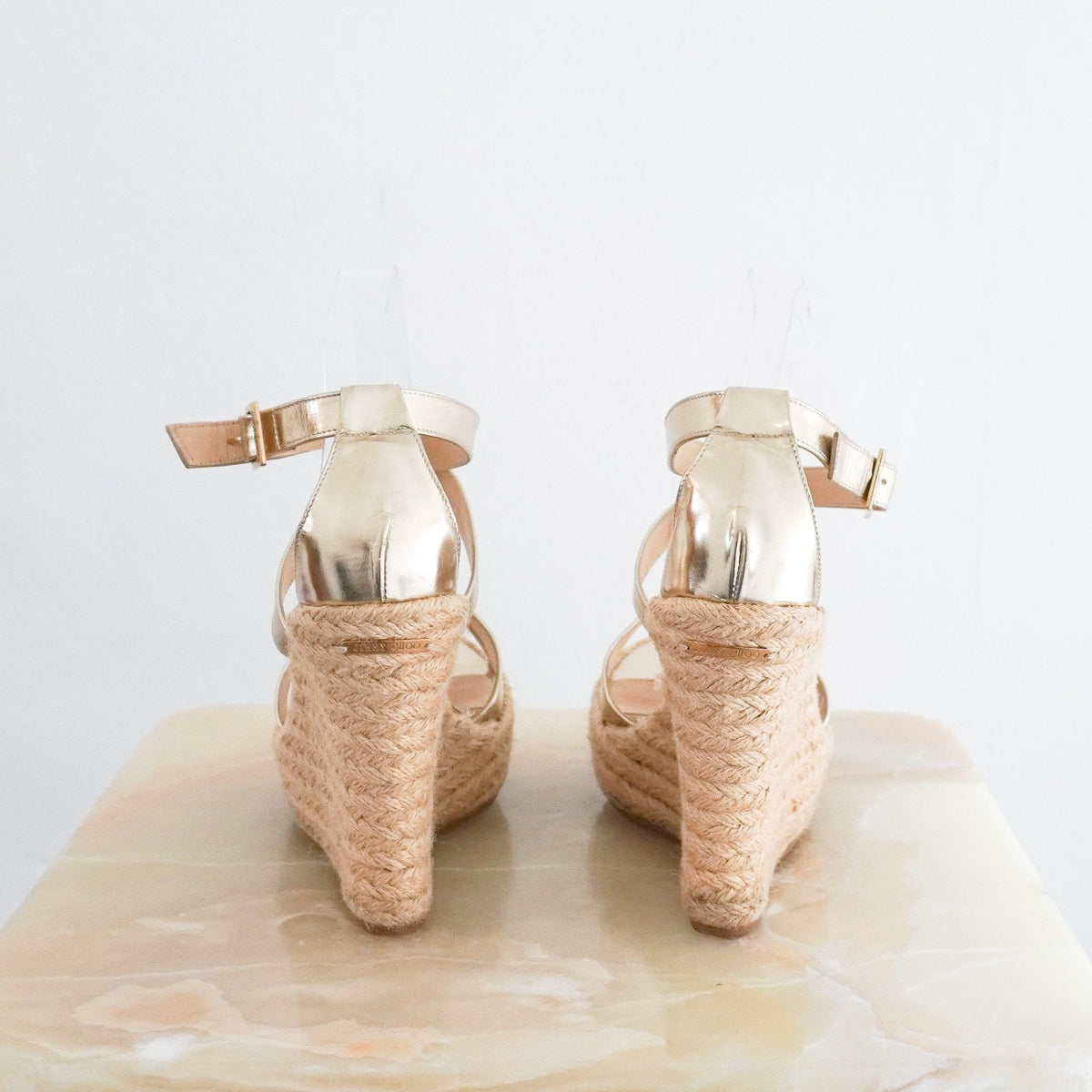 Jimmy Choo Leather Platform Wedge Sandals in Gold (RRP £500) | Authentic Preloved - Reloved Again
