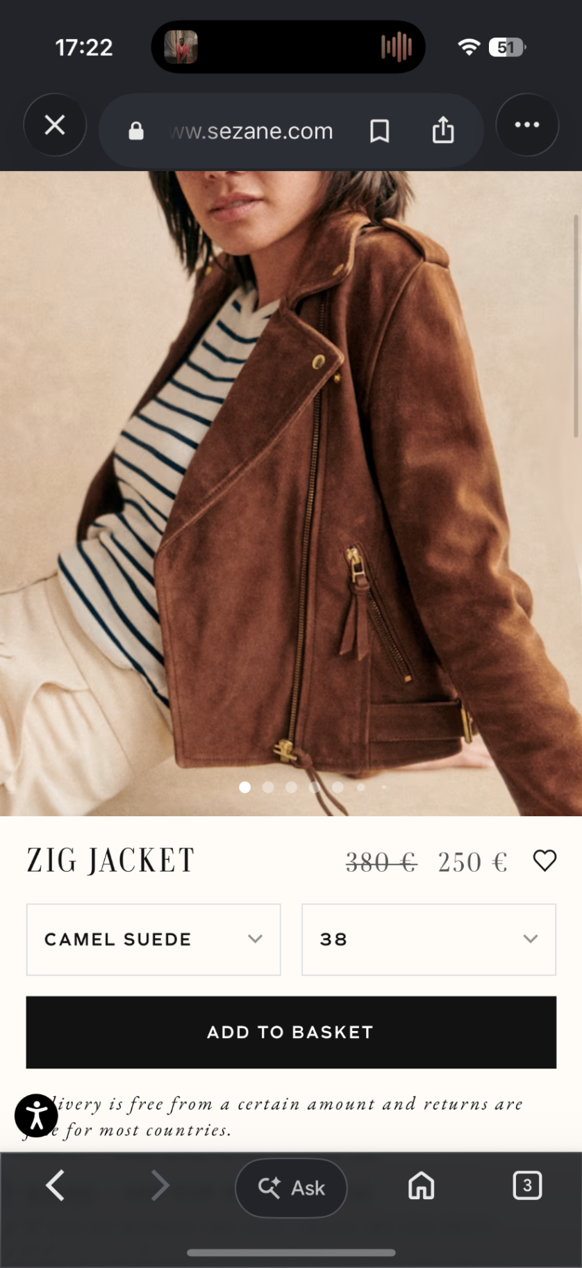 Sezane Zig Jacket Camel Suede RRP £325
