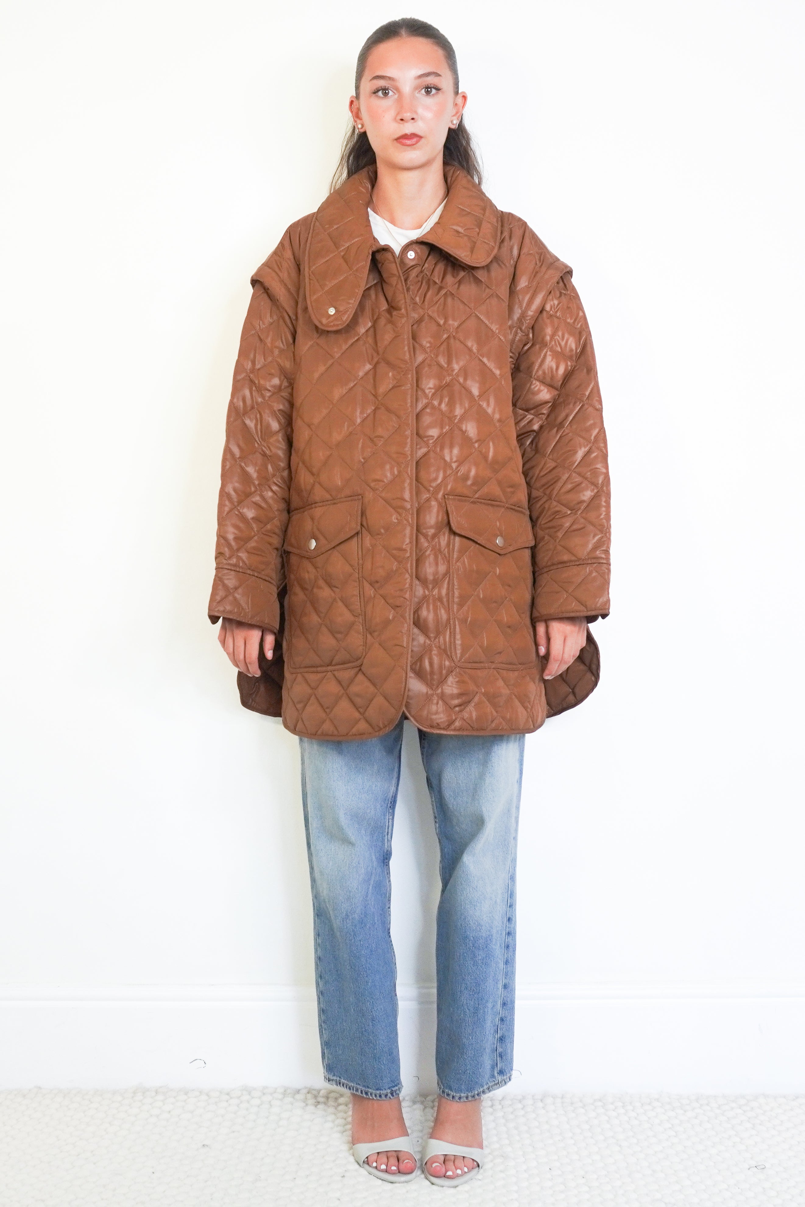 A.L.C. Harley Convertible Quilted Jacket in Brown front photo chelsea london