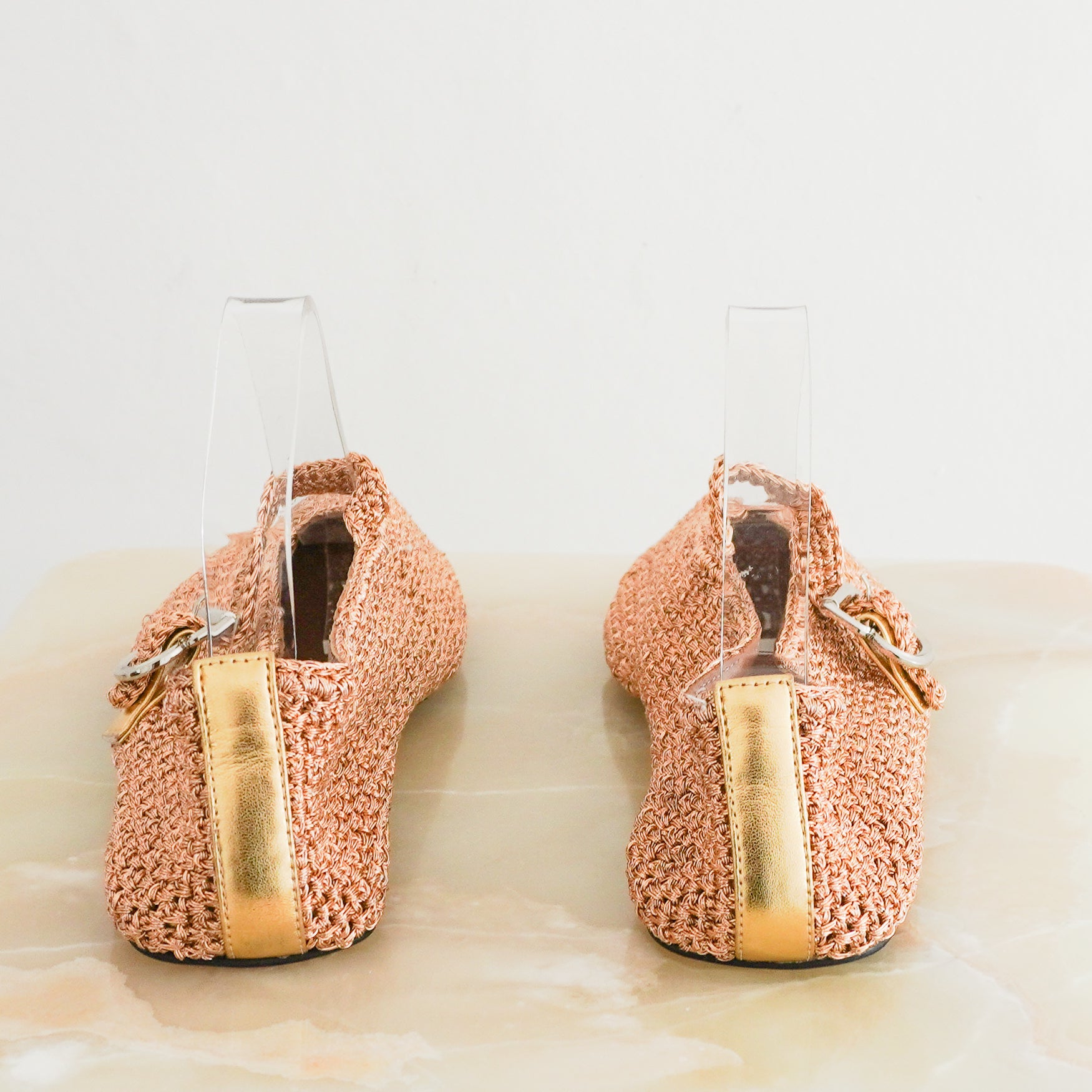 Alaïa Rose Gold Woven Raffia Flats back photo chelsea london
