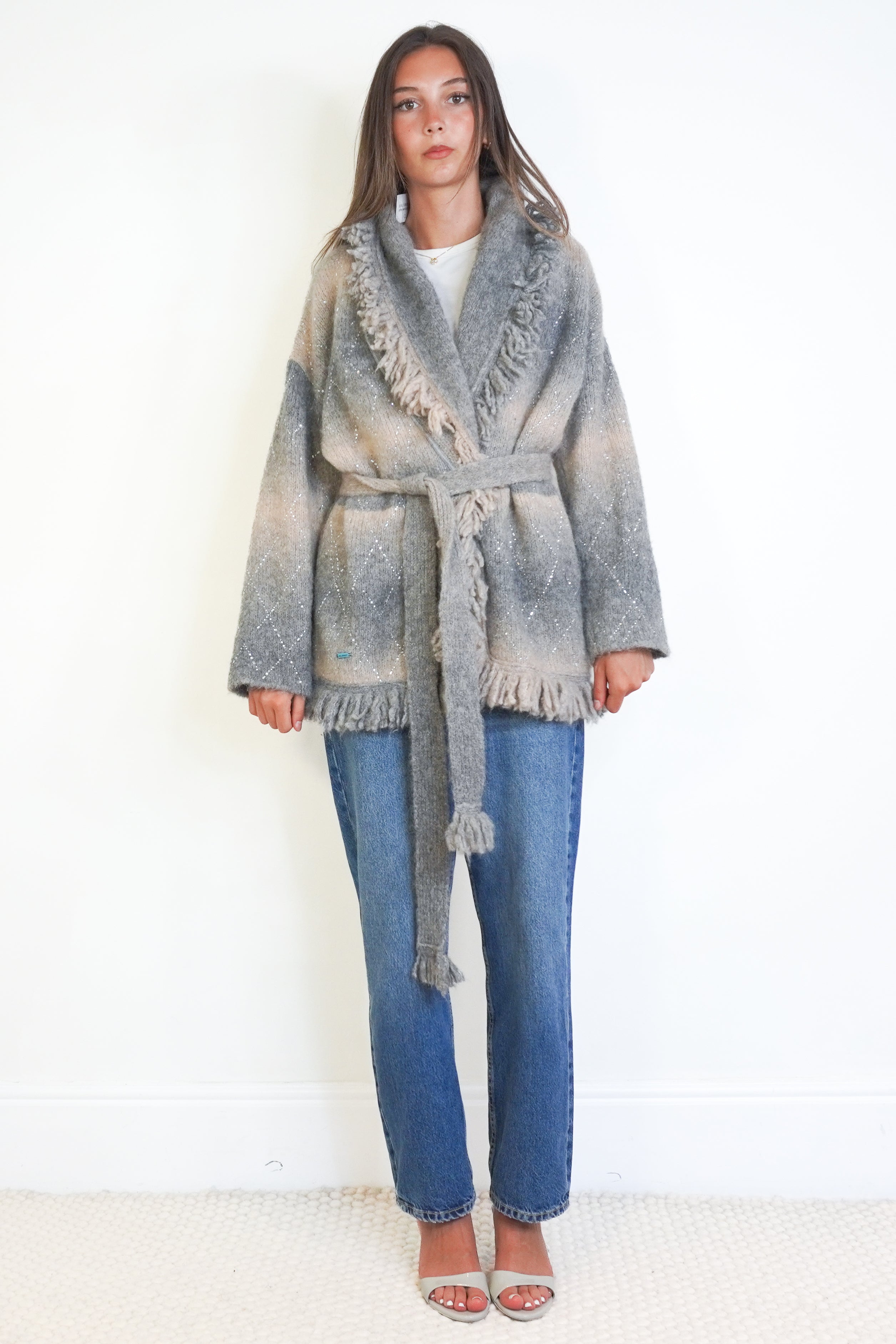 Alanui Ice Caves Crystal Belted Cardigan in Grey front photo chelsea london