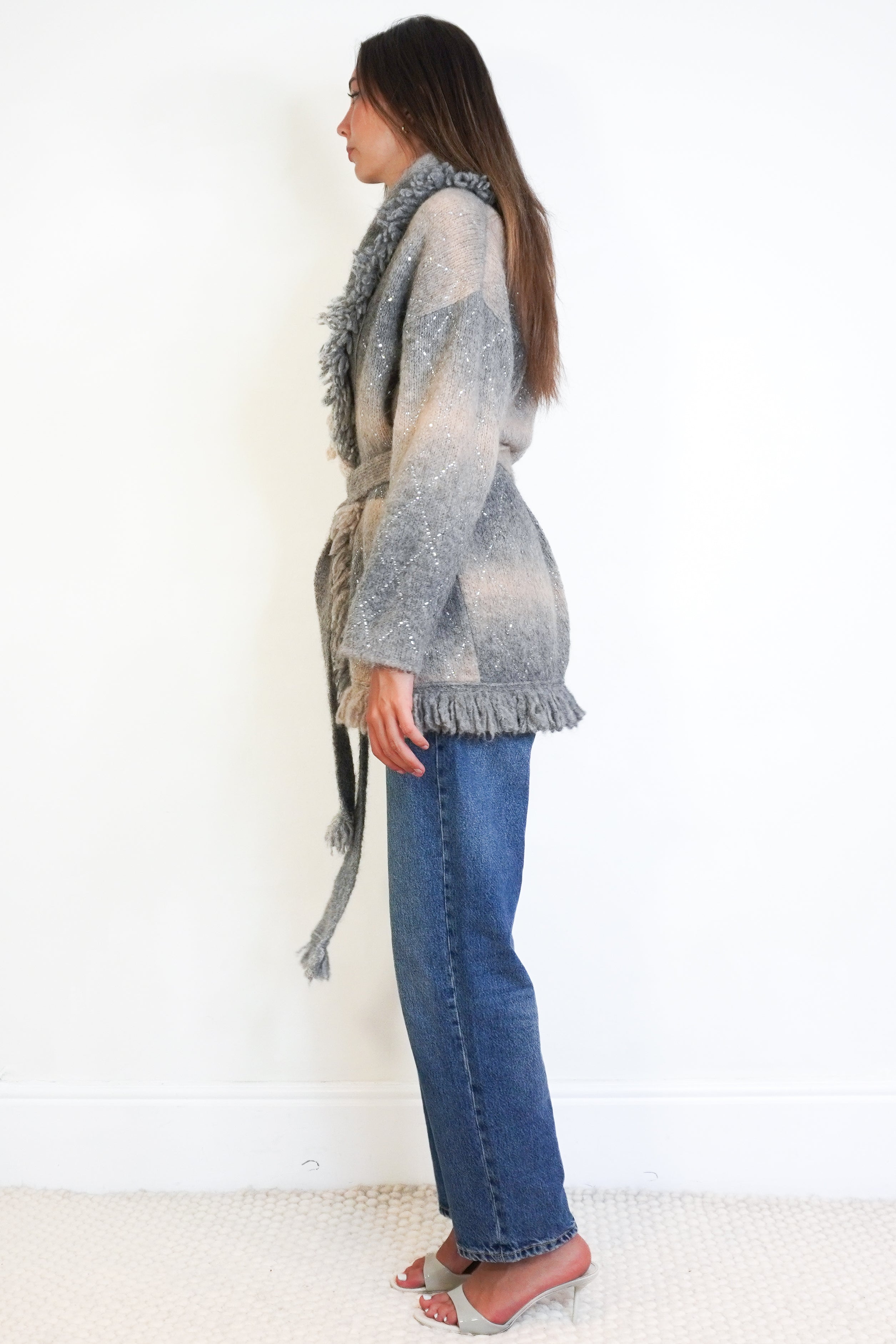 Alanui Ice Caves Crystal Belted Cardigan in Grey side photo chelsea london