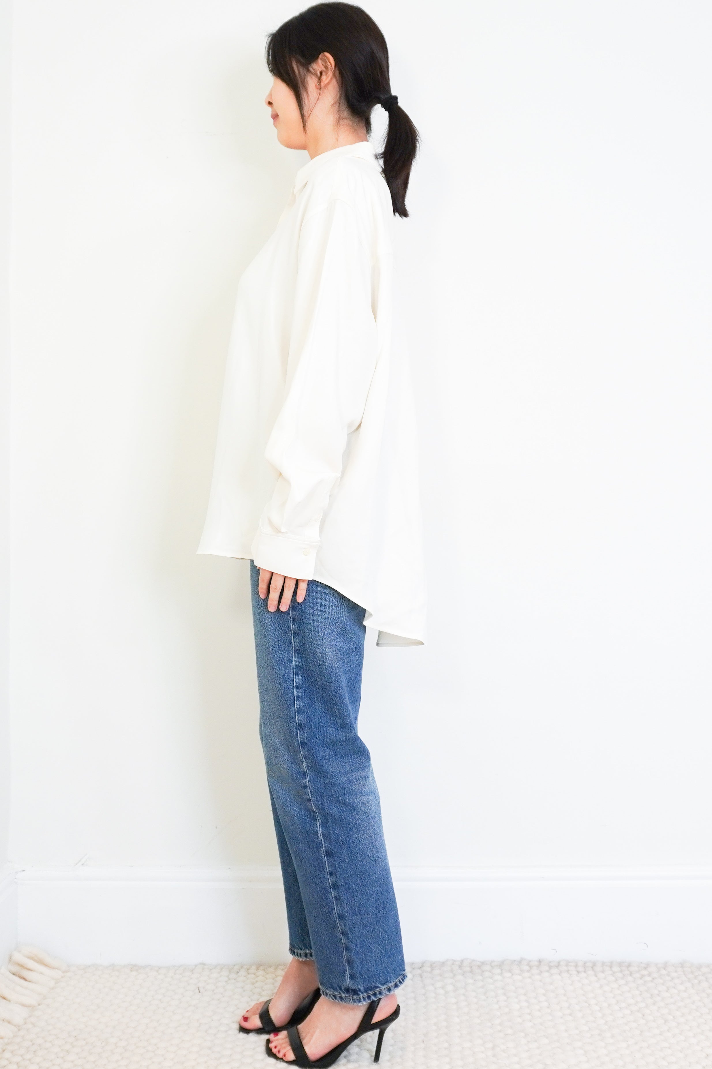 Anine-Bing-Cream-Satin-Buttoned-Shirt-side-picture-Chelsea-London