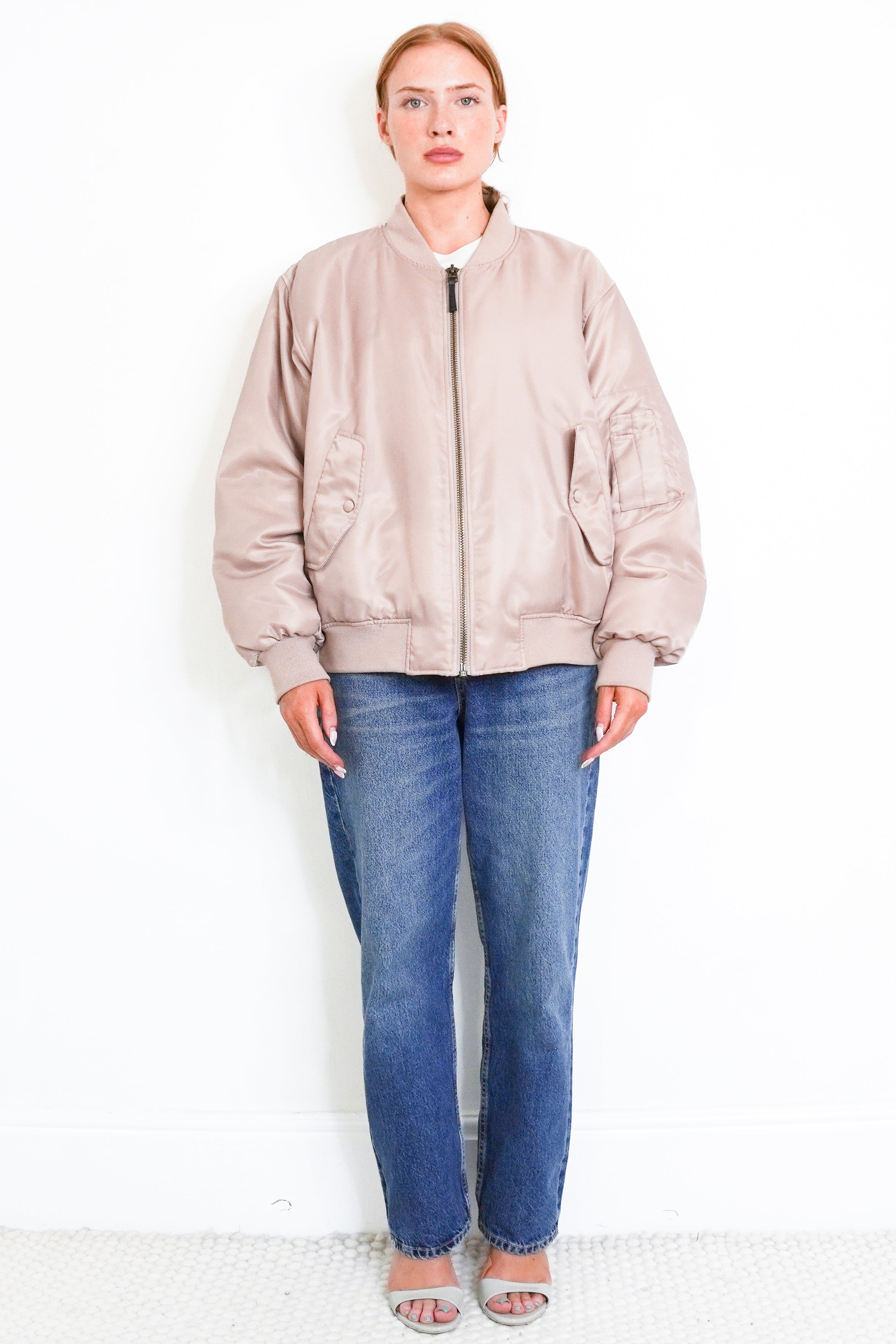 Anine Bing Leon Satin Bomber Jacket – Champagne Beige front photo chelsea london