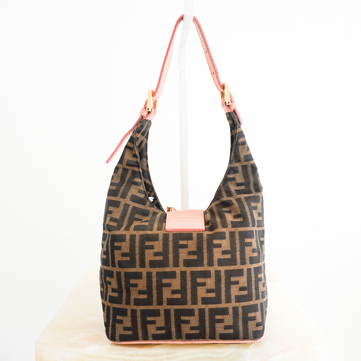 Fendi Round Flap Baguette Zucca Canvas Bag with Crystal Flower Buckle North South RRP (£2,200) | Authentic Preloved - Reloved Again