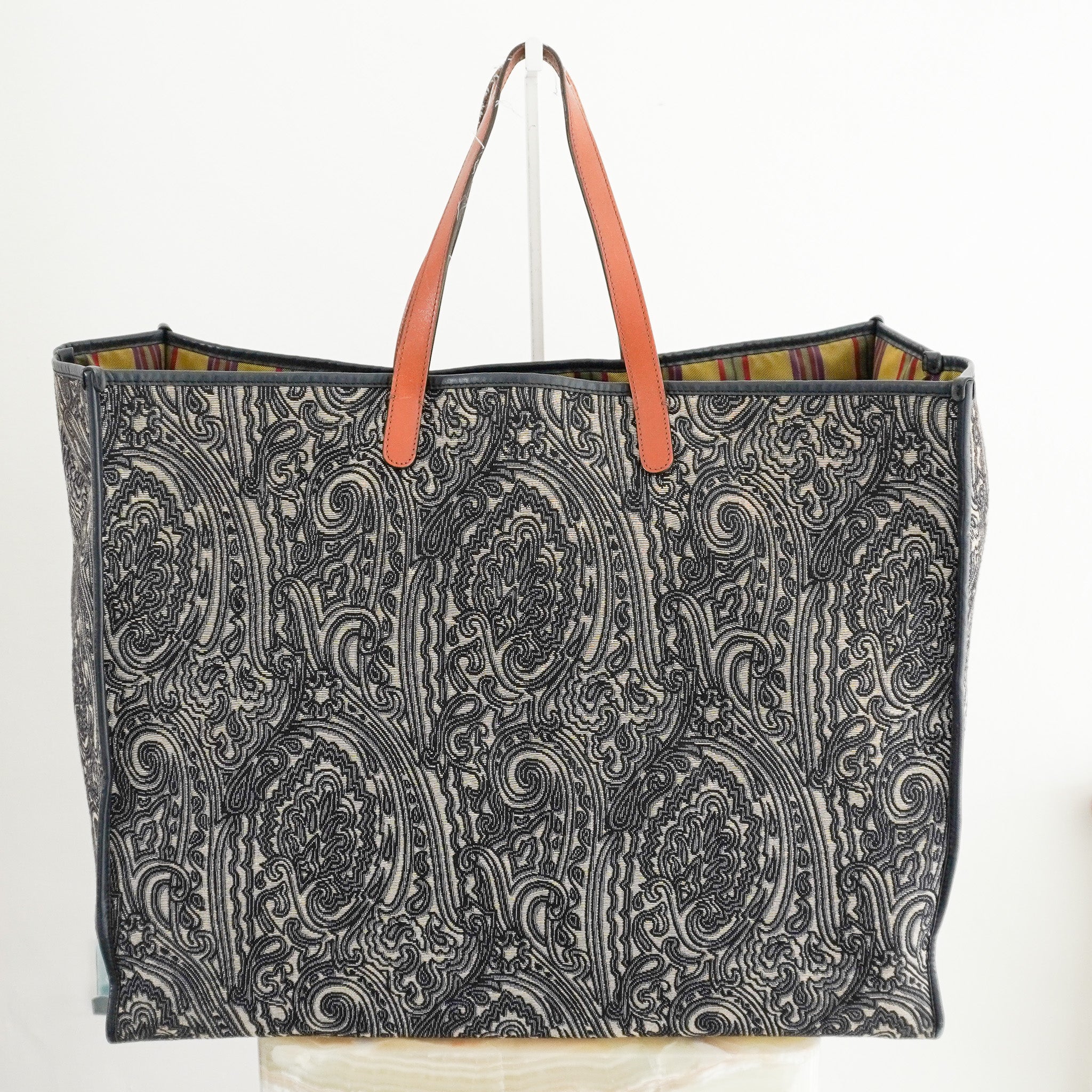 Back Image: Etro Navy Blue Paisley Jacquard and Leather Shopper Tote