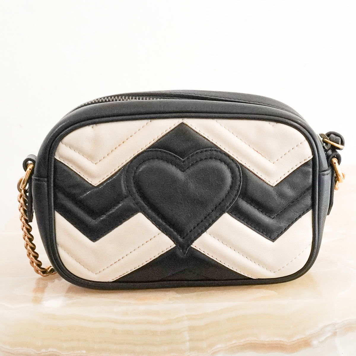 Back Image: Gucci GG Marmont Small Camera Bag in Black and White Chevron