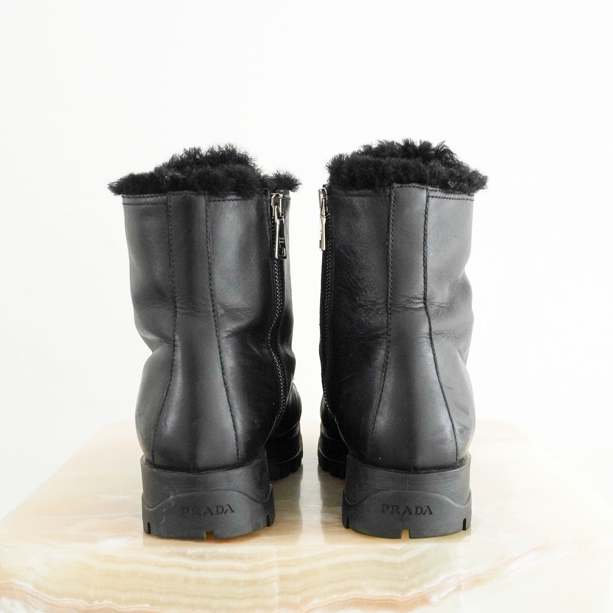 Prada Brixxen Combat Leather Booties with Shearling Fur (RRP £1350) | Authentic Preloved - Reloved Again