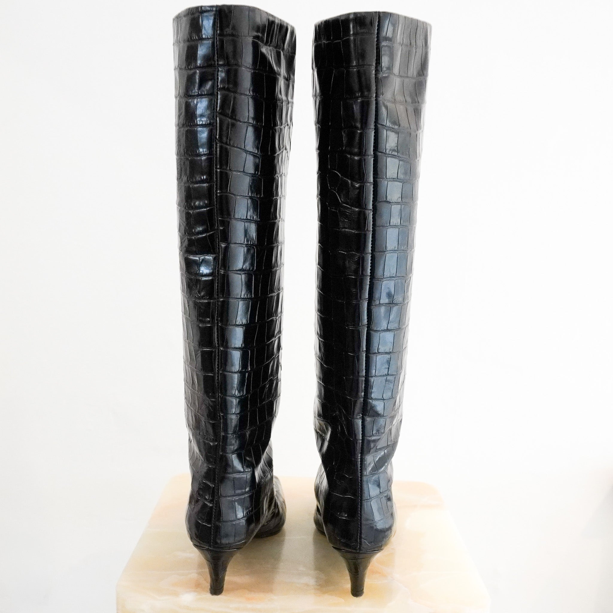Back Image: Toteme Croc-effect Knee High Boots in Black