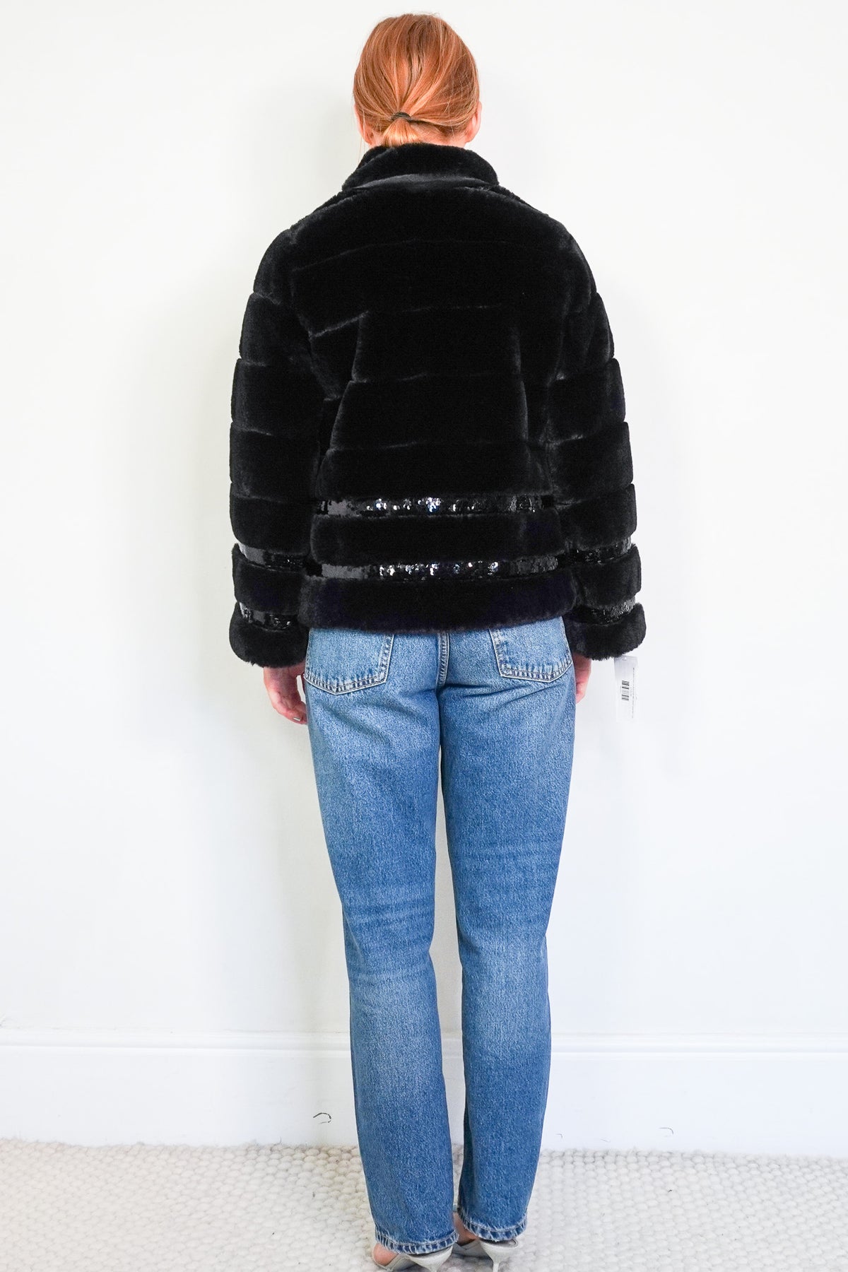 Back Image: Twinset Milano Faux Fur Black Jacket with Sequin Detail