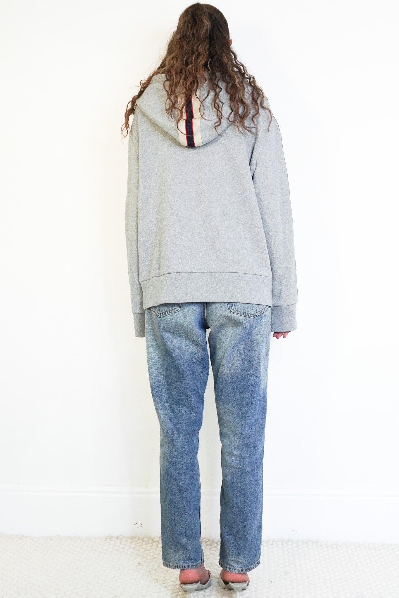 Back image Gucci Grey Hooded Zip-Up Sweatshirt with Retro Logo Stripe
