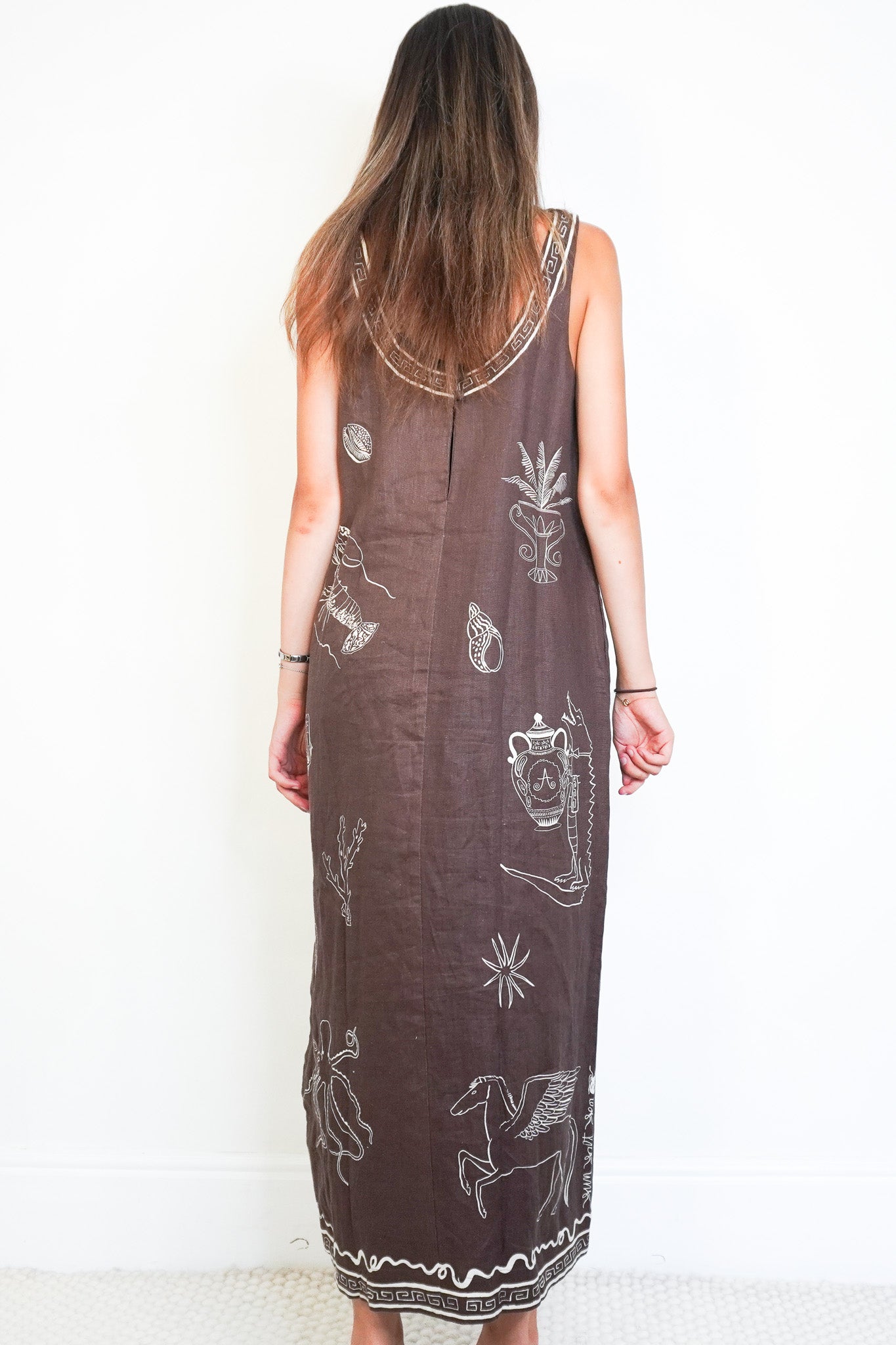 Back image of the Alemais Brown Printed Flax Maxi Dress