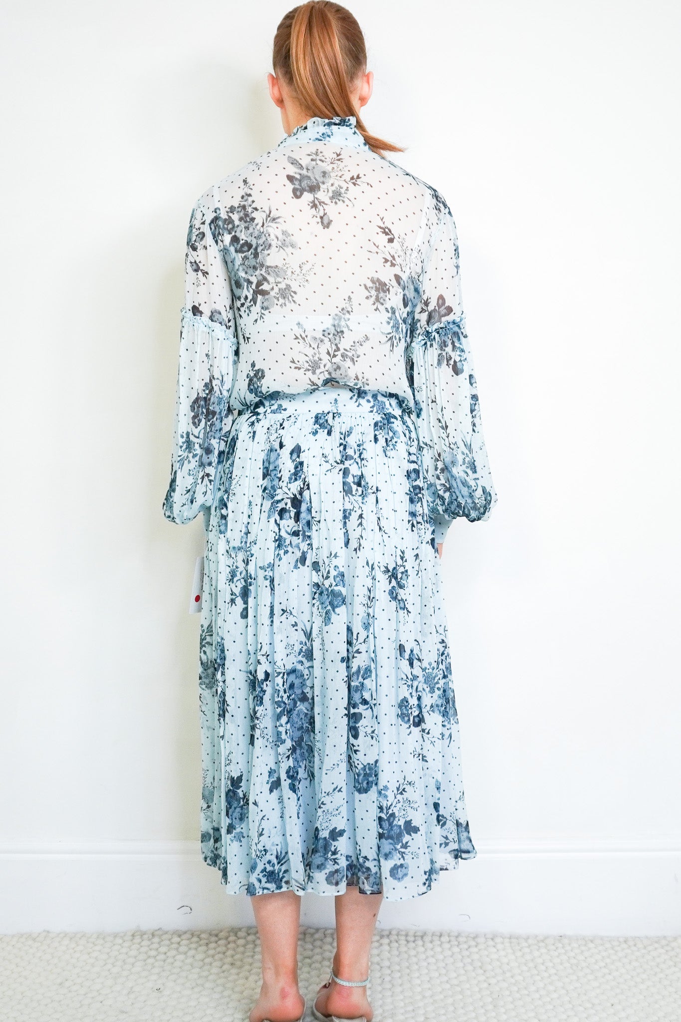Back image of the Erdem Blue Floral Blouse and Pleated Skirt Set