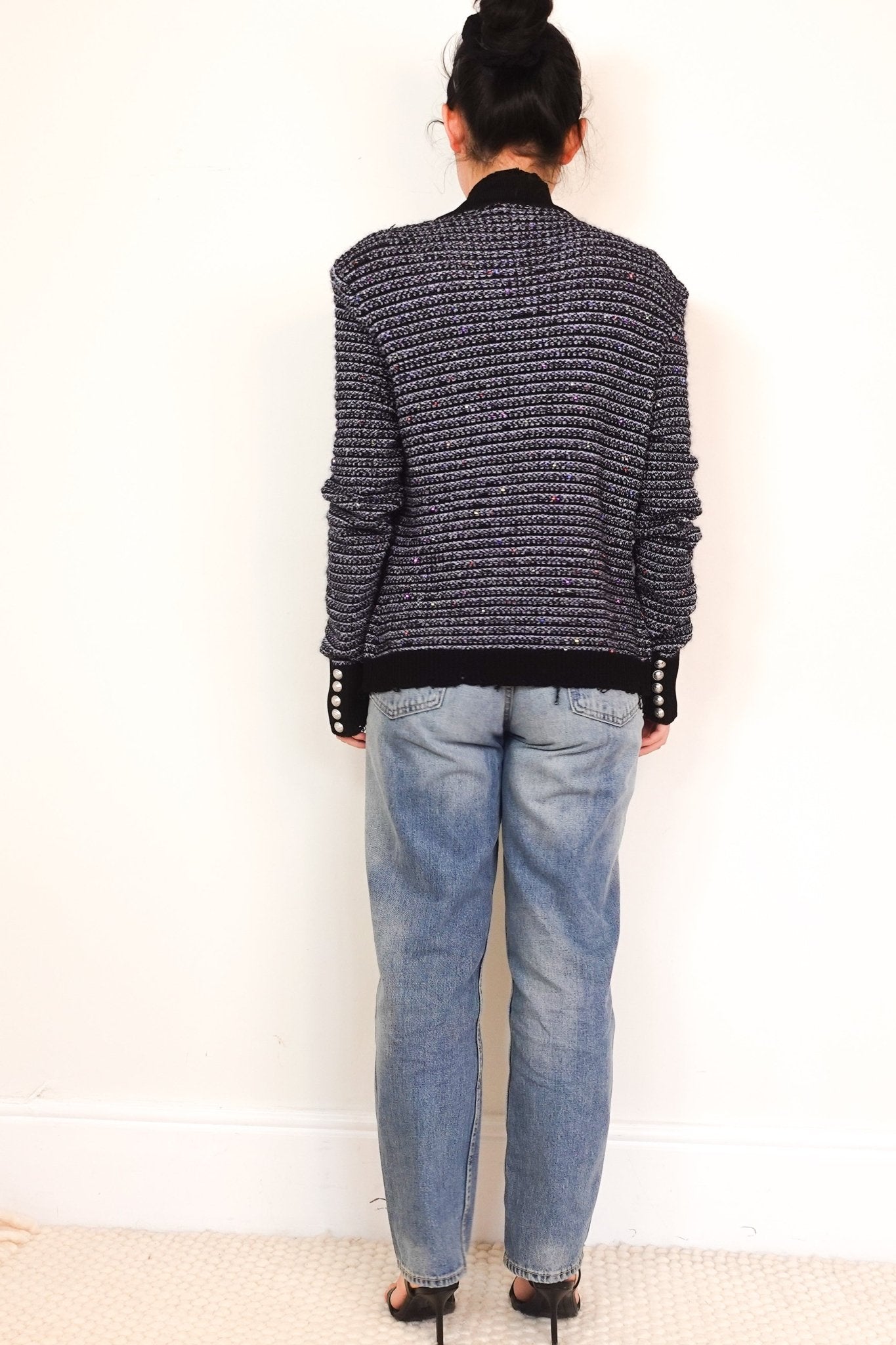 Balmain Navy Glitter Knitted Padded Shoulder Cardigan RRP £1200 | Authentic Preloved - Reloved Again