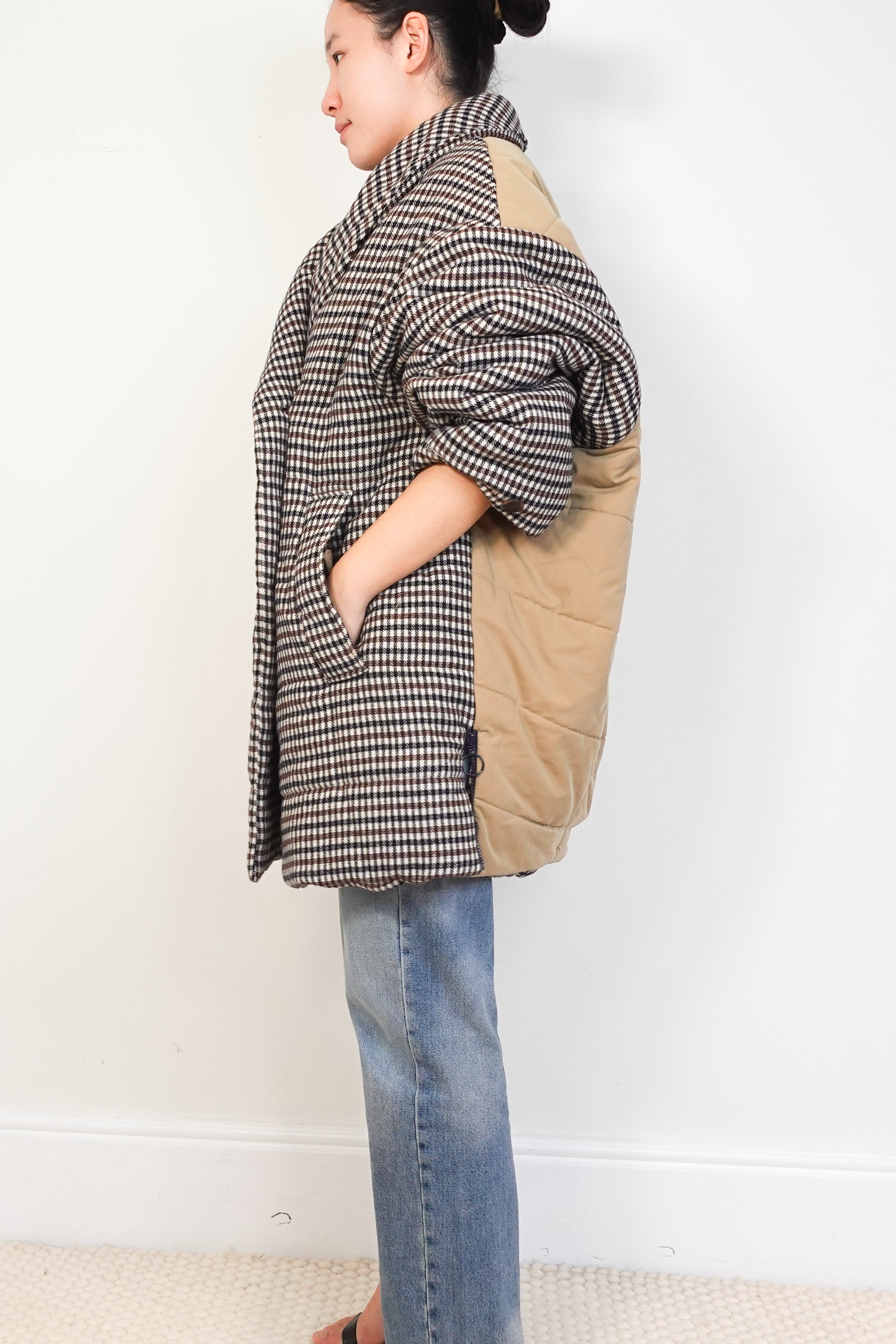 Baum-Und-Pferdgarten-Brown-Heritage-Check-Padded-Coat-side-picture-Chelsea-London