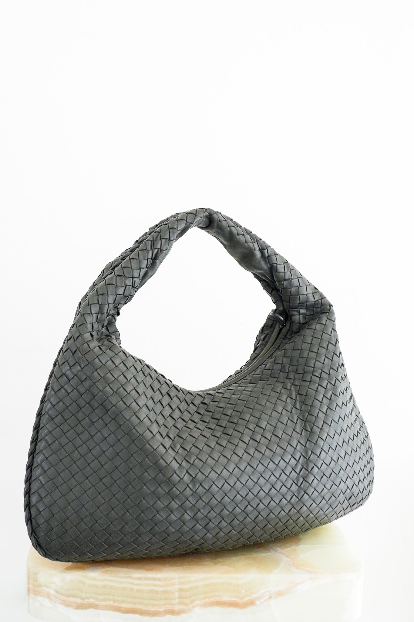 Bottega-Veneta-Medium-Hobo-Intrecciato-Shoulder-Bag-in-Dark-Grey-front-picture-chelsae-london