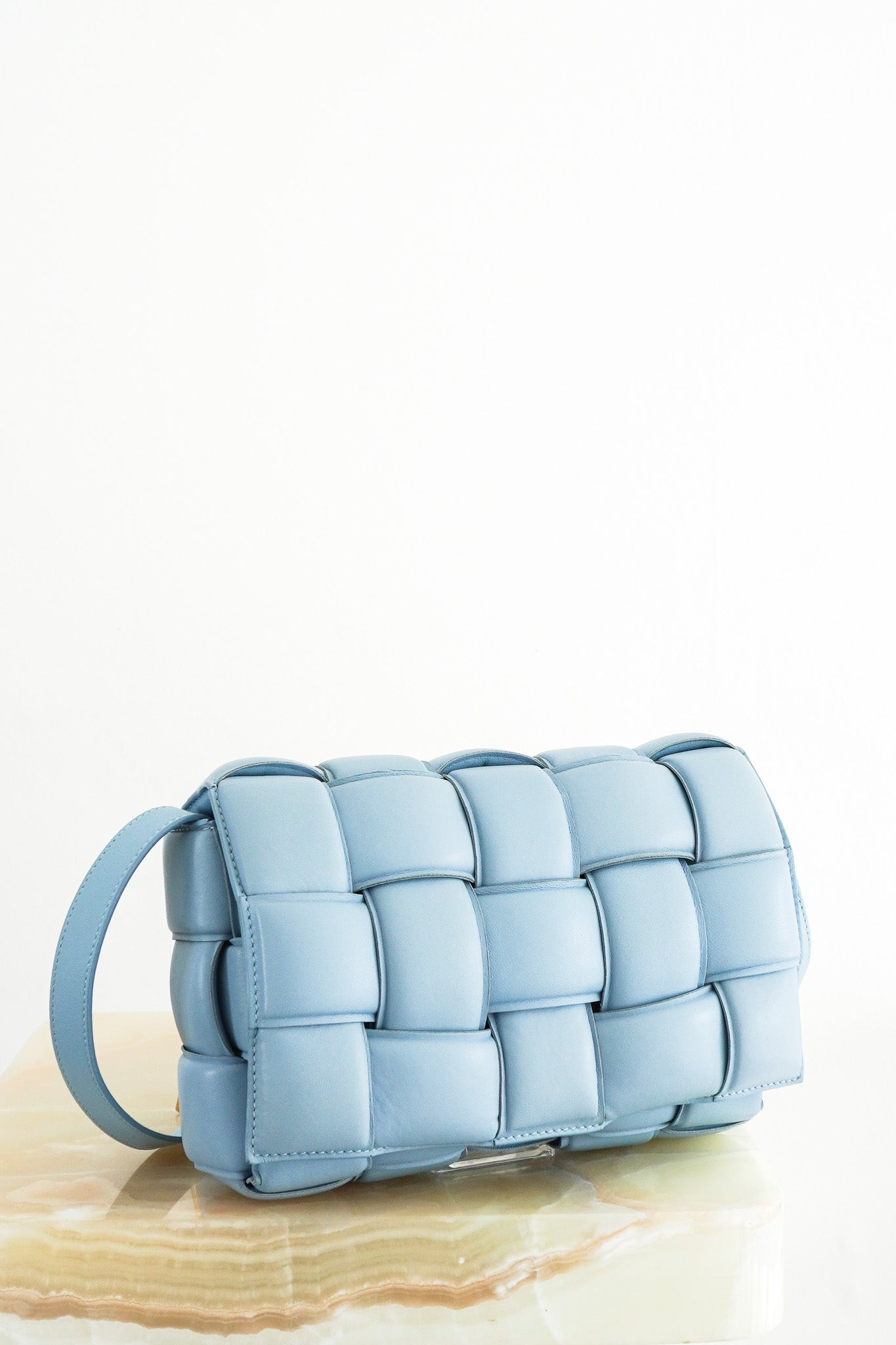 Bottega-Veneta-Padded-Cassette-Bag-in-Light-Blue-front-picture-chelsea-london
