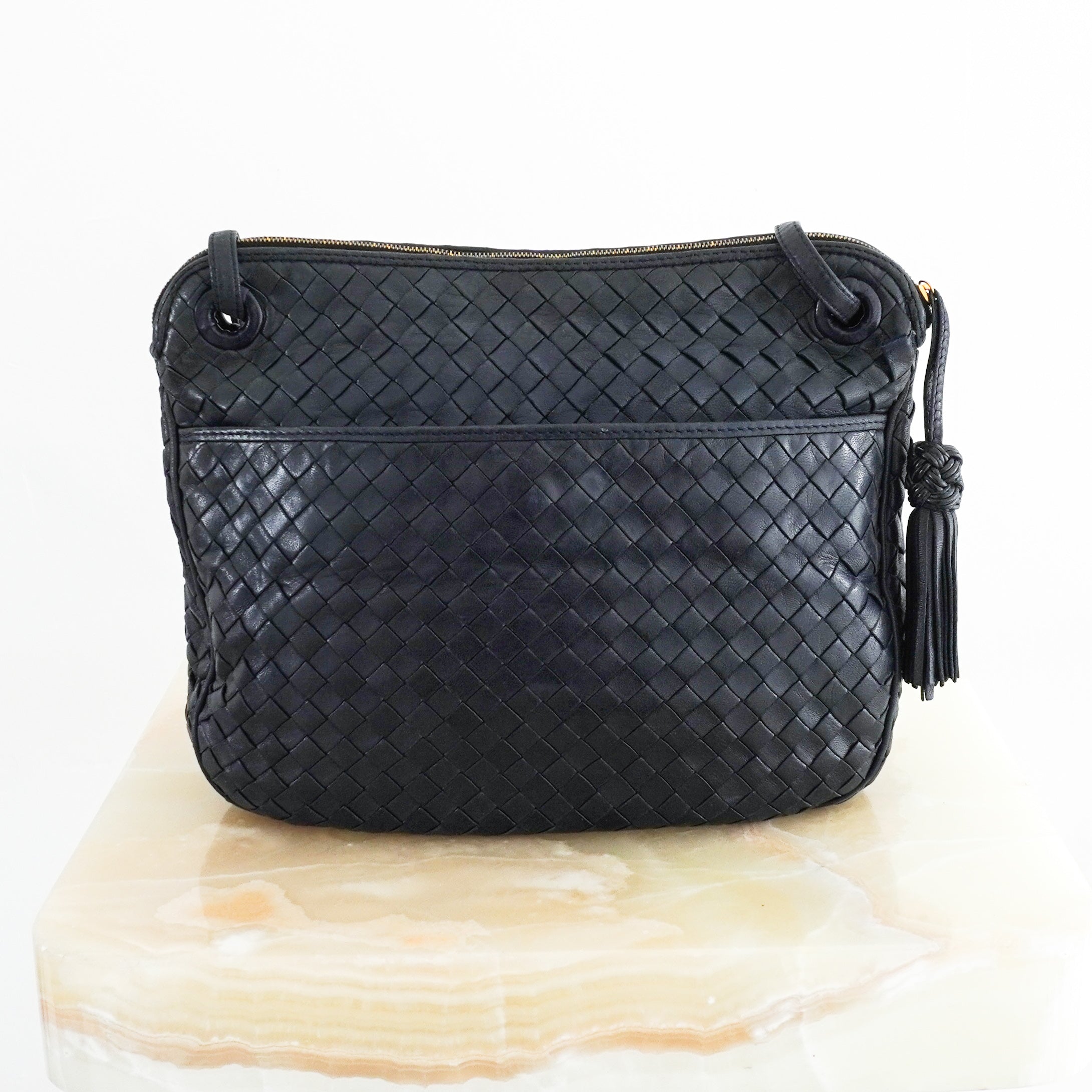 Bottega-Veneta-Vintage-Intreciatto-Shoulder-Bag-in-Navy-back-picture-Chelsea-London