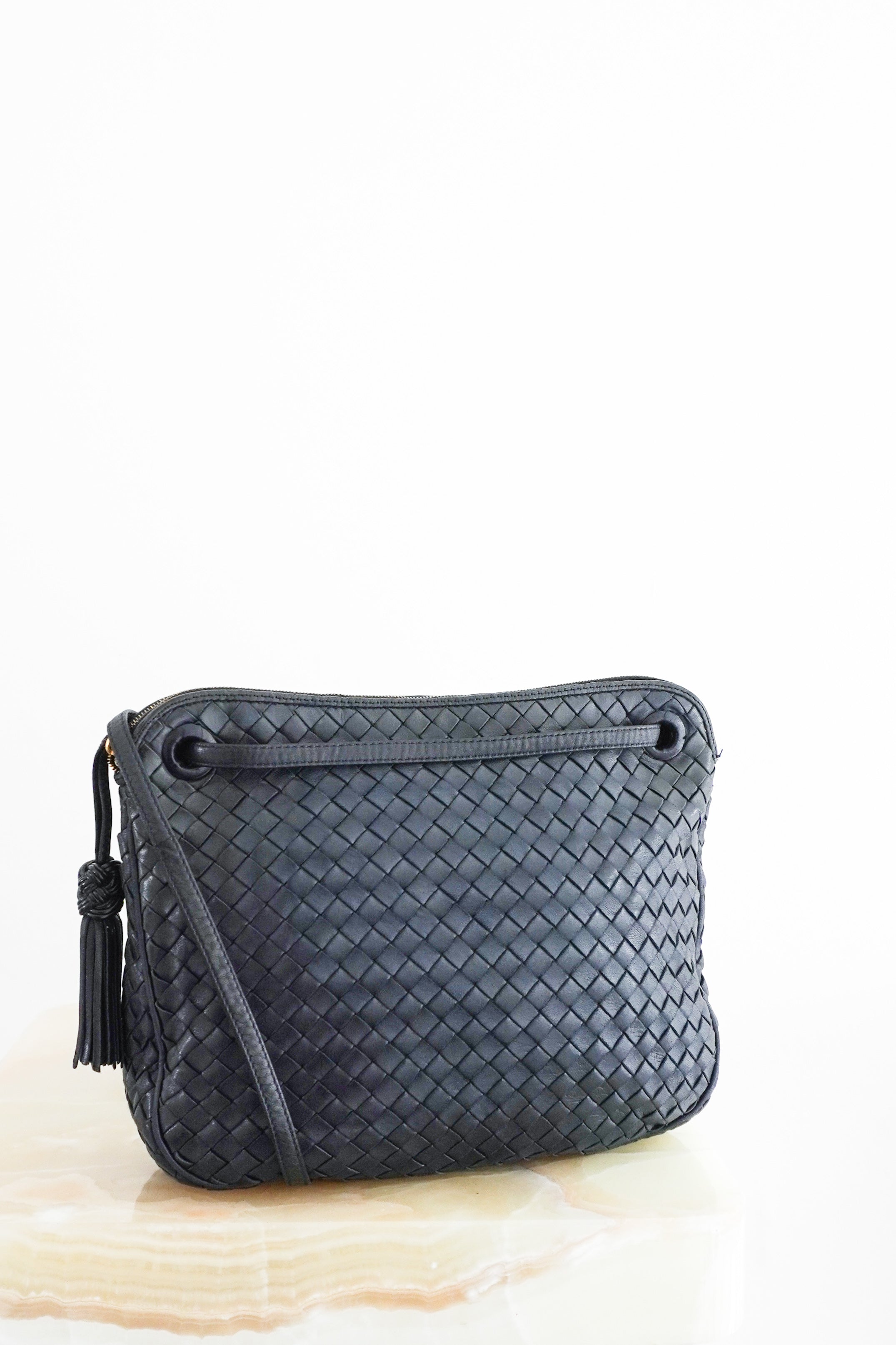 Bottega-Veneta-Vintage-Intreciatto-Shoulder-Bag-in-Navy-front-picture-Chelsea-London