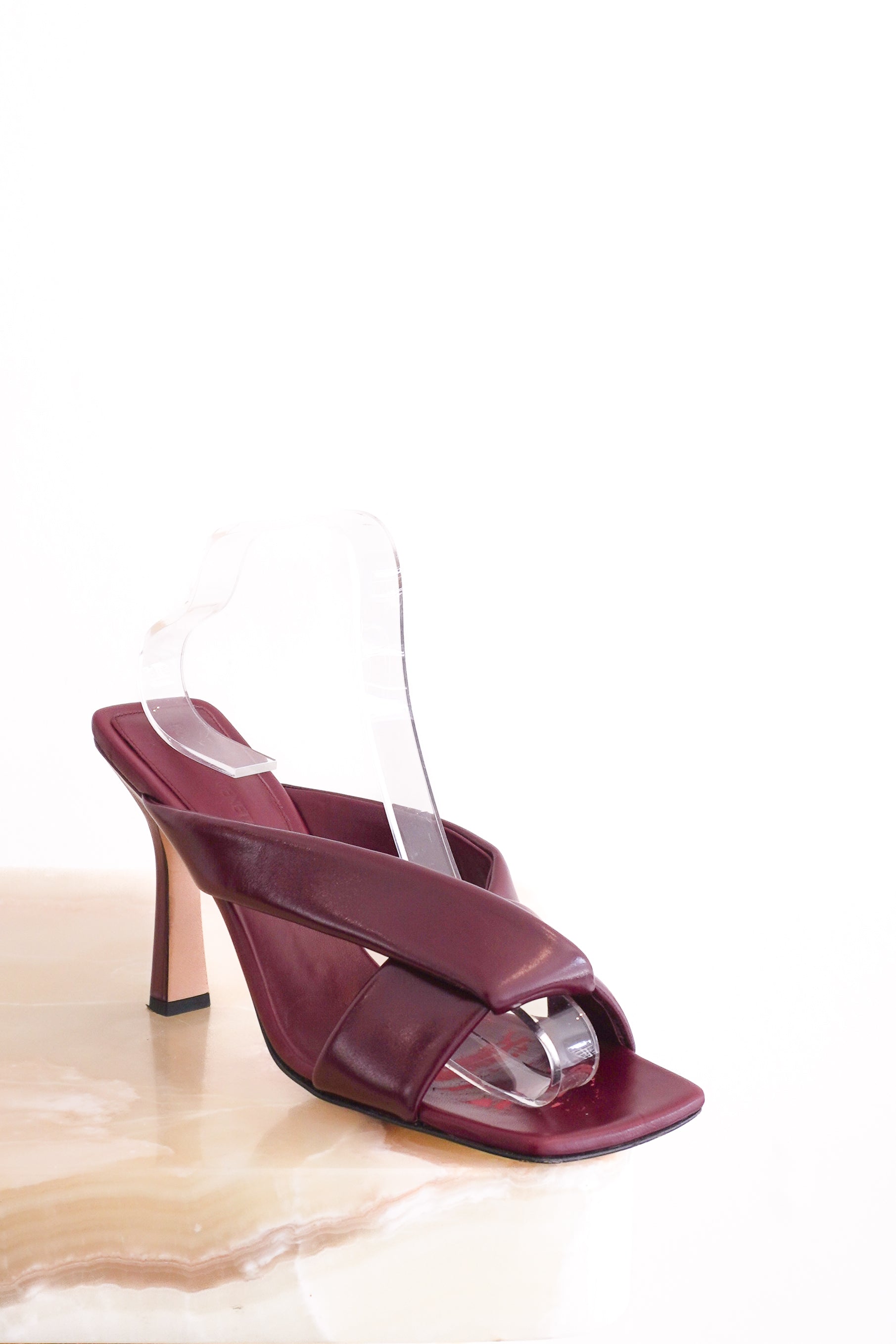 Bottega Veneta Burgundy Riva Padded Leather Mules front photo chelsea london