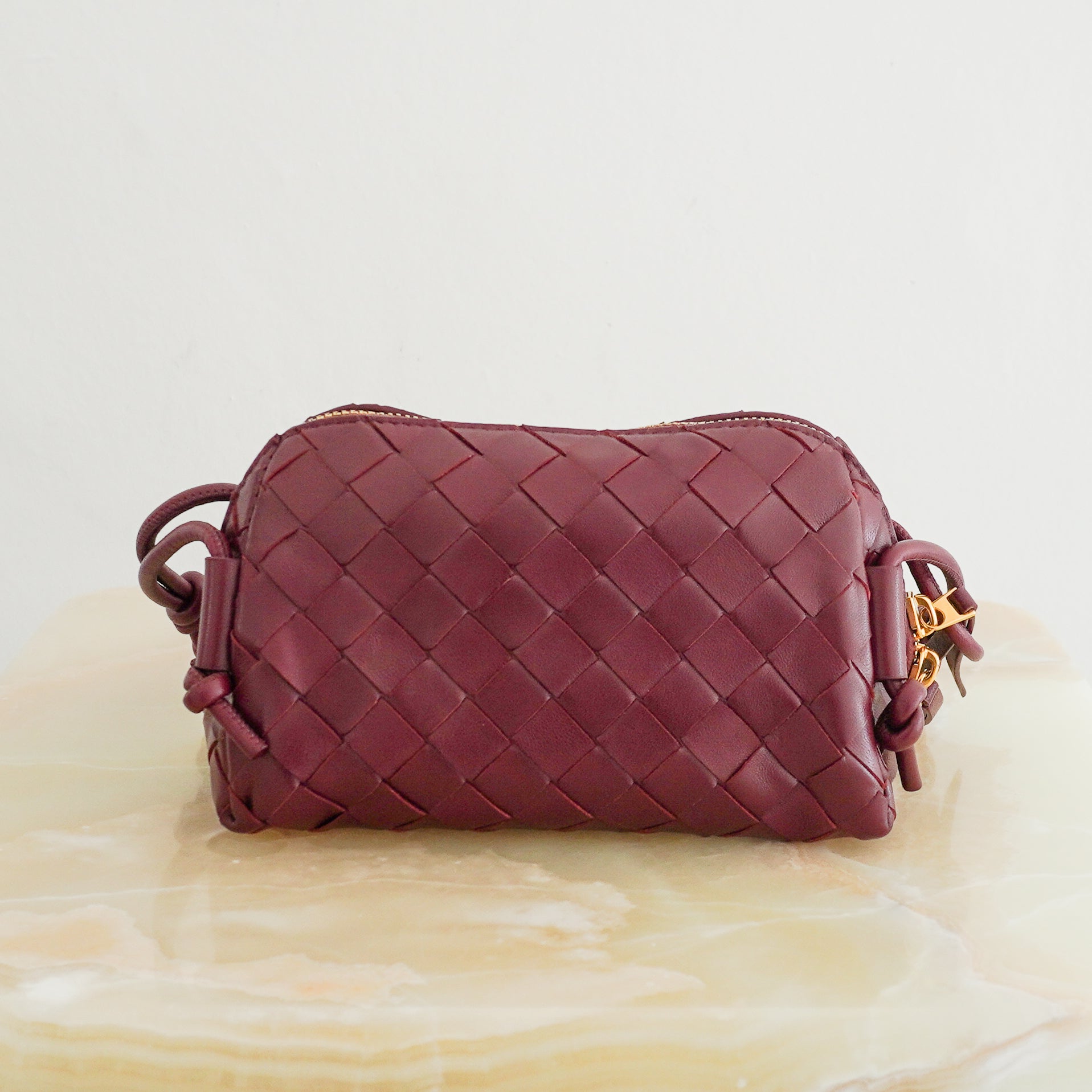Bottega Veneta Intrecciato Concert Crossbody Bag Burgundy Leather back photo chelsea london