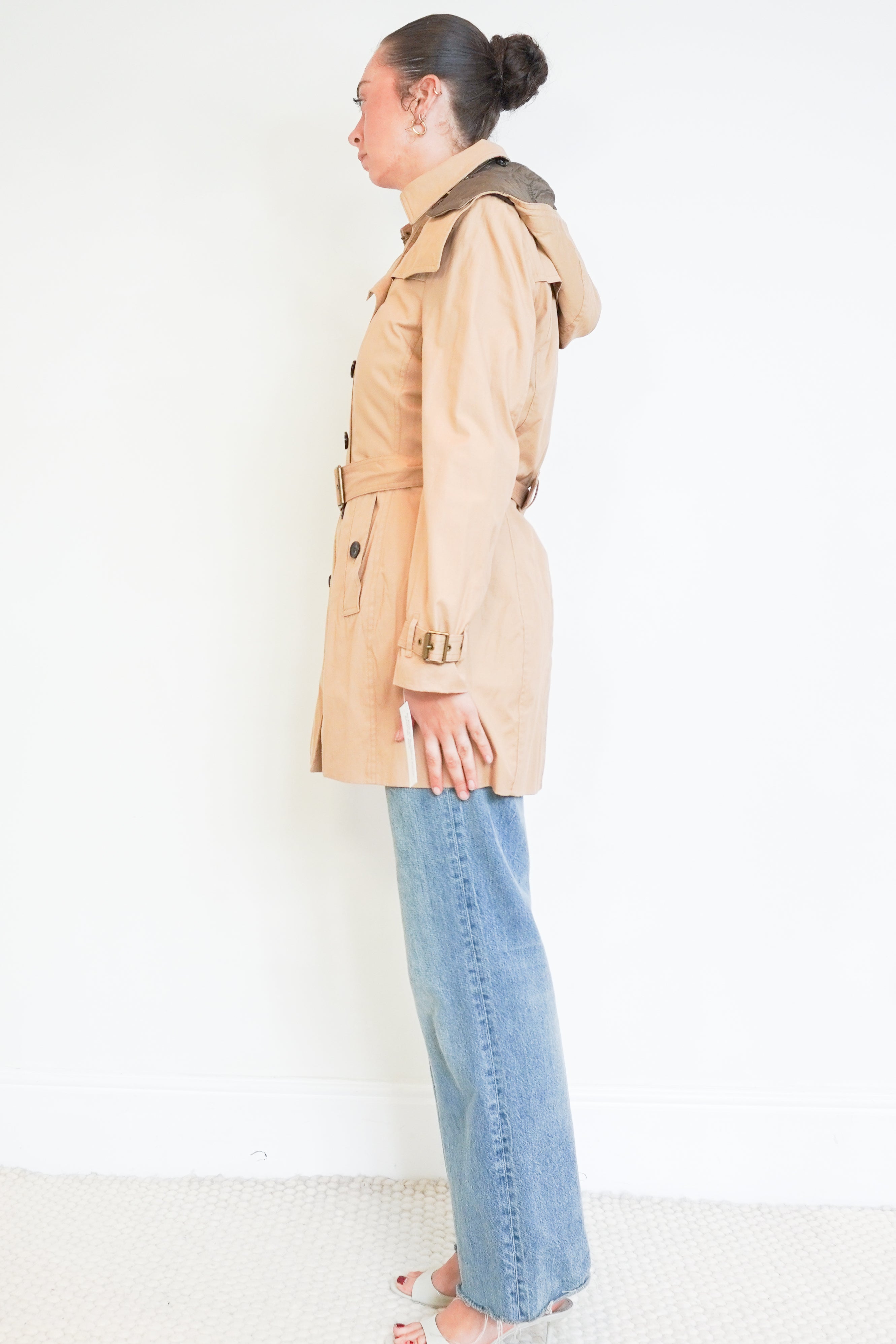 Side photo of a Burberry Beige Amberford Heritage Hooded Coat