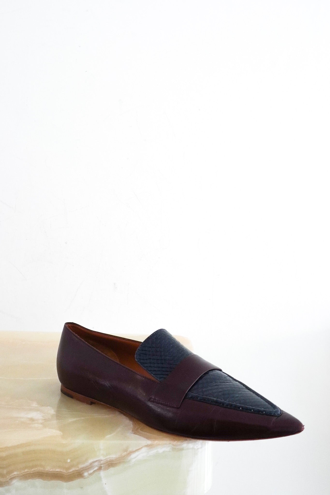 CELINE-Brown-And-Navy-Pointed-Loafers