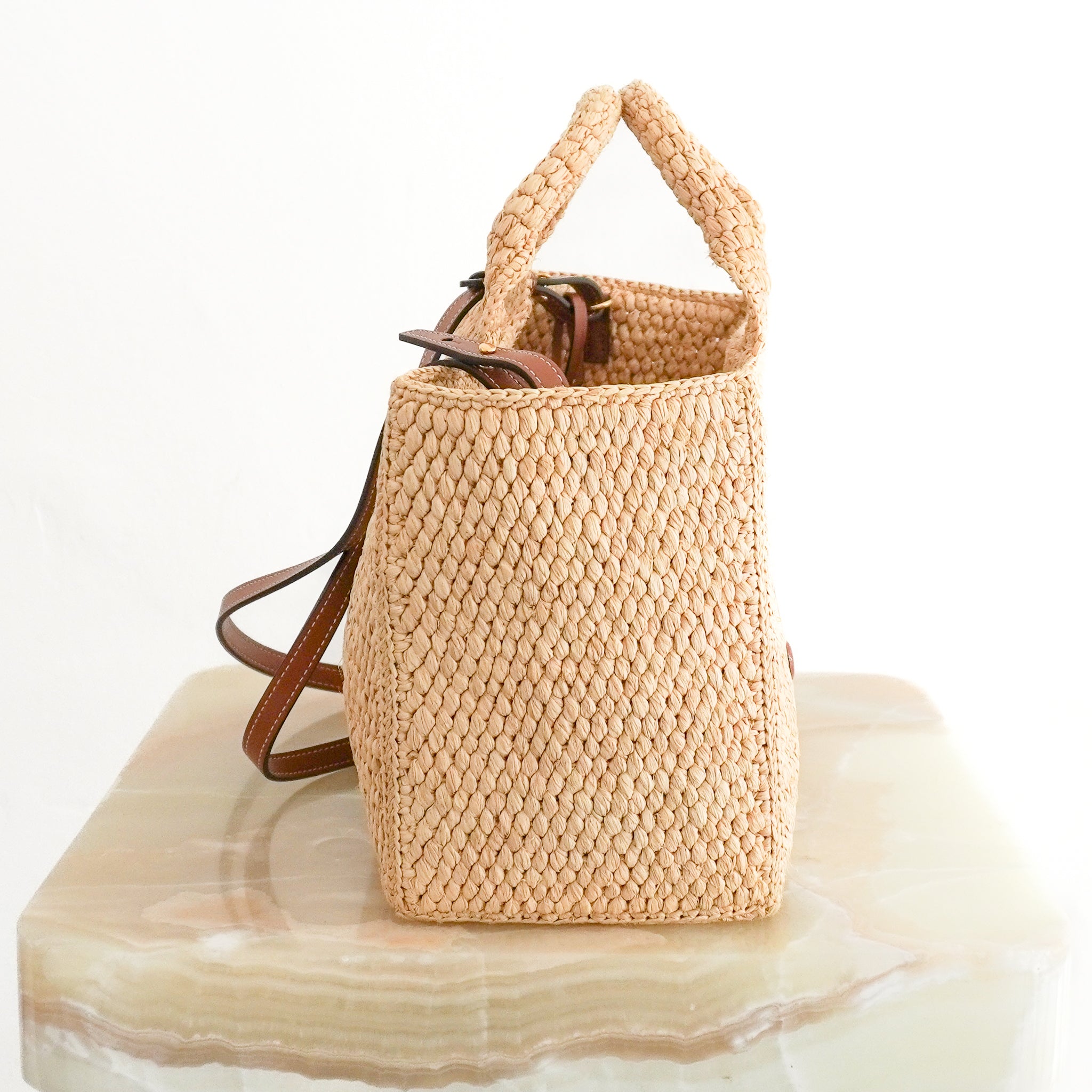 CELINE Small Cabas Thaïs in Raffia & Calfskin – Tan side photo chelsea london