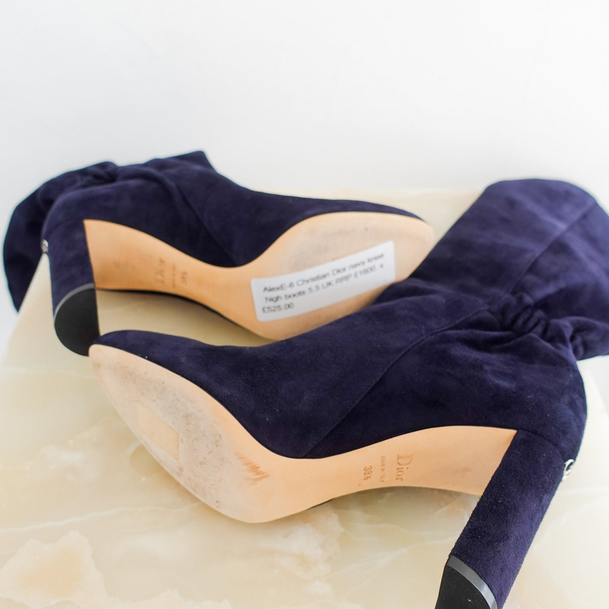 CURRENT SEASON Dior Navy Knee High Suede heeled Boots RRP £1600 | Authentic Preloved - Reloved Again