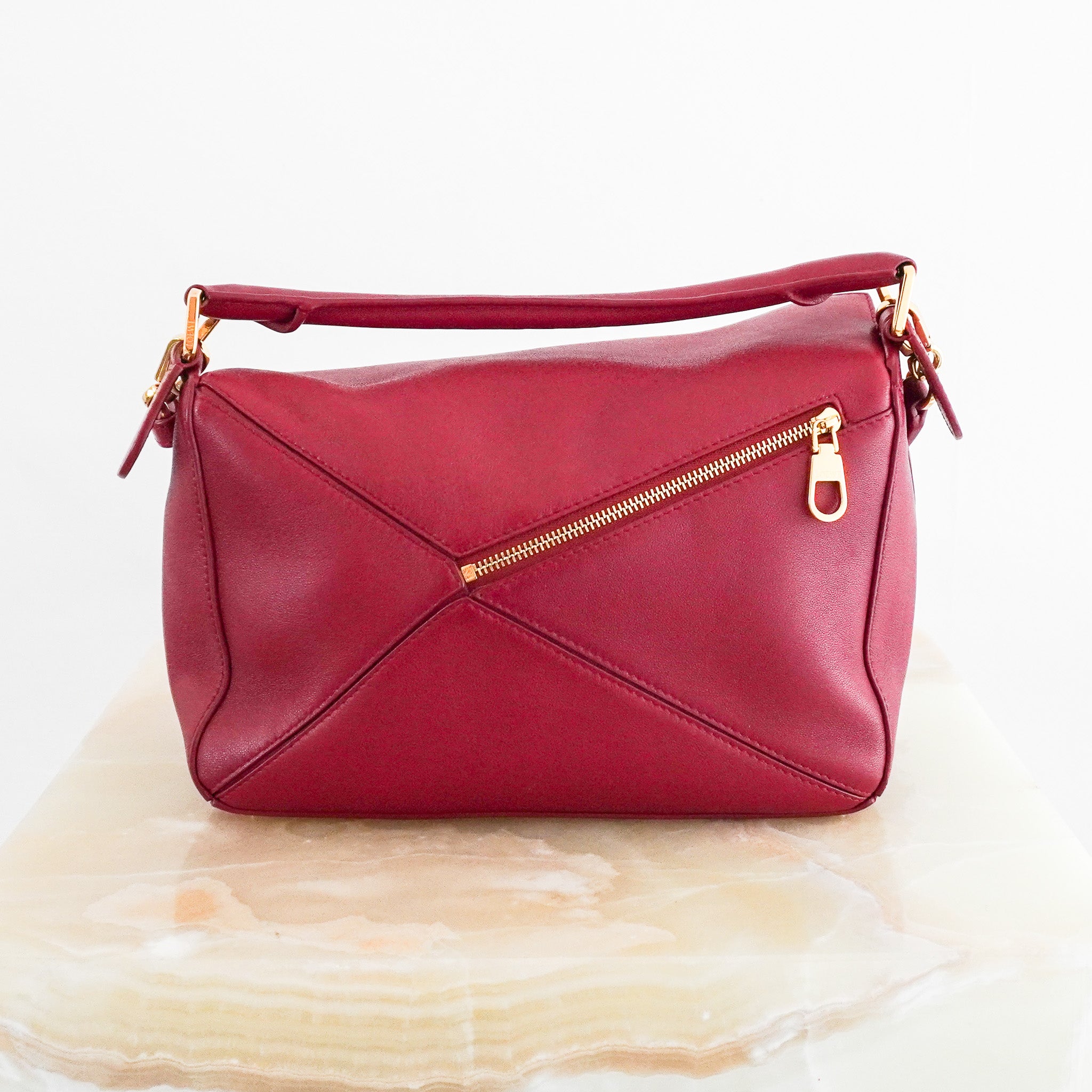 CURRENT SEASON Loewe Small Leather Featherlight Puzzle Top - Handle Bag in Burgundy RRP £3250 | Authentic Preloved - Reloved Again