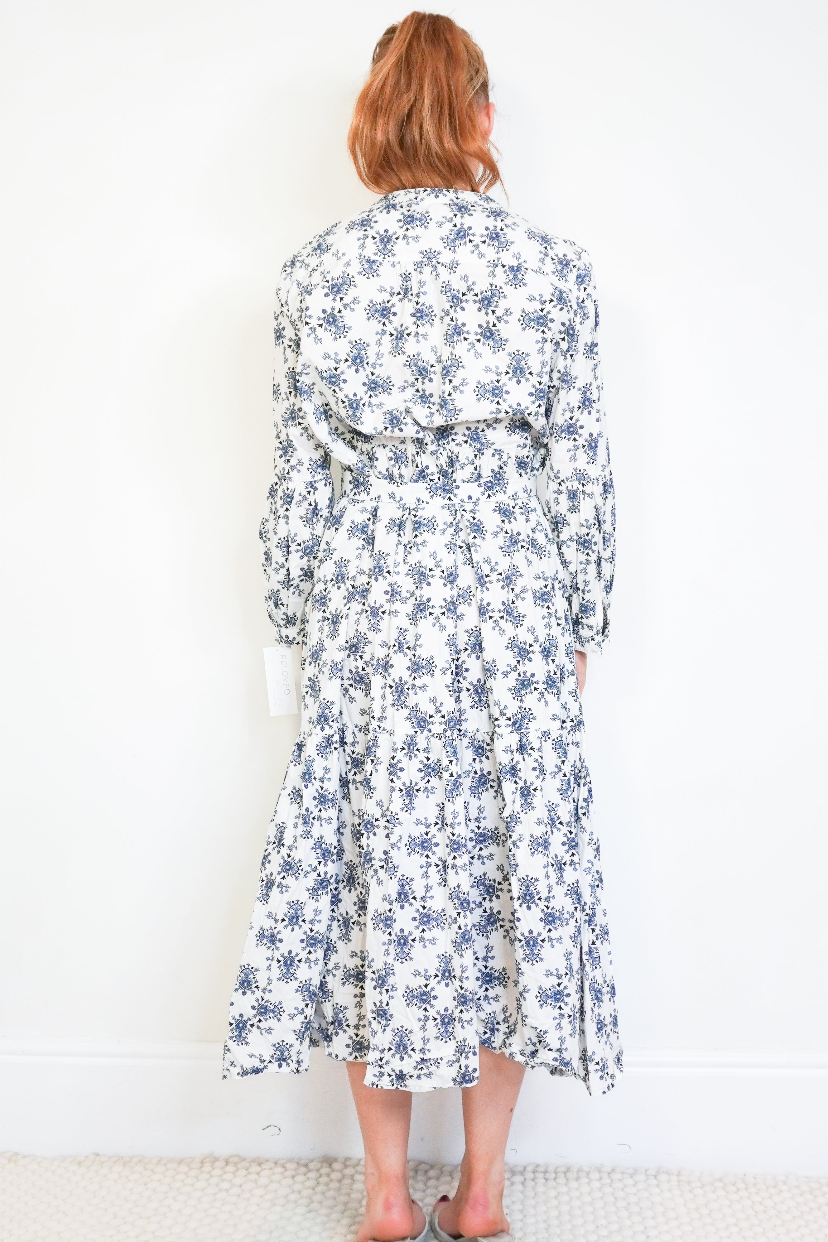 Cefinn White & Blue Floral Organic Cotton Maxi Dress back photo chelsea london