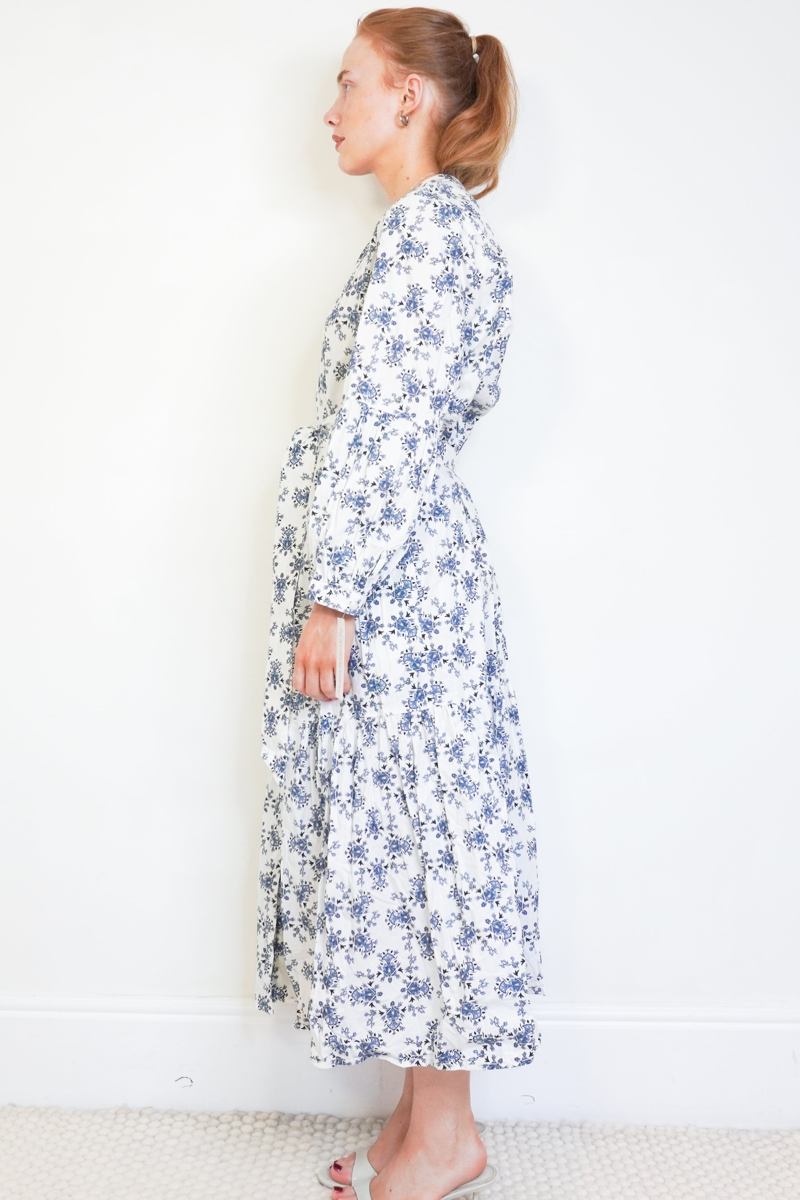 Cefinn White & Blue Floral Organic Cotton Maxi Dress side photo chelsea london