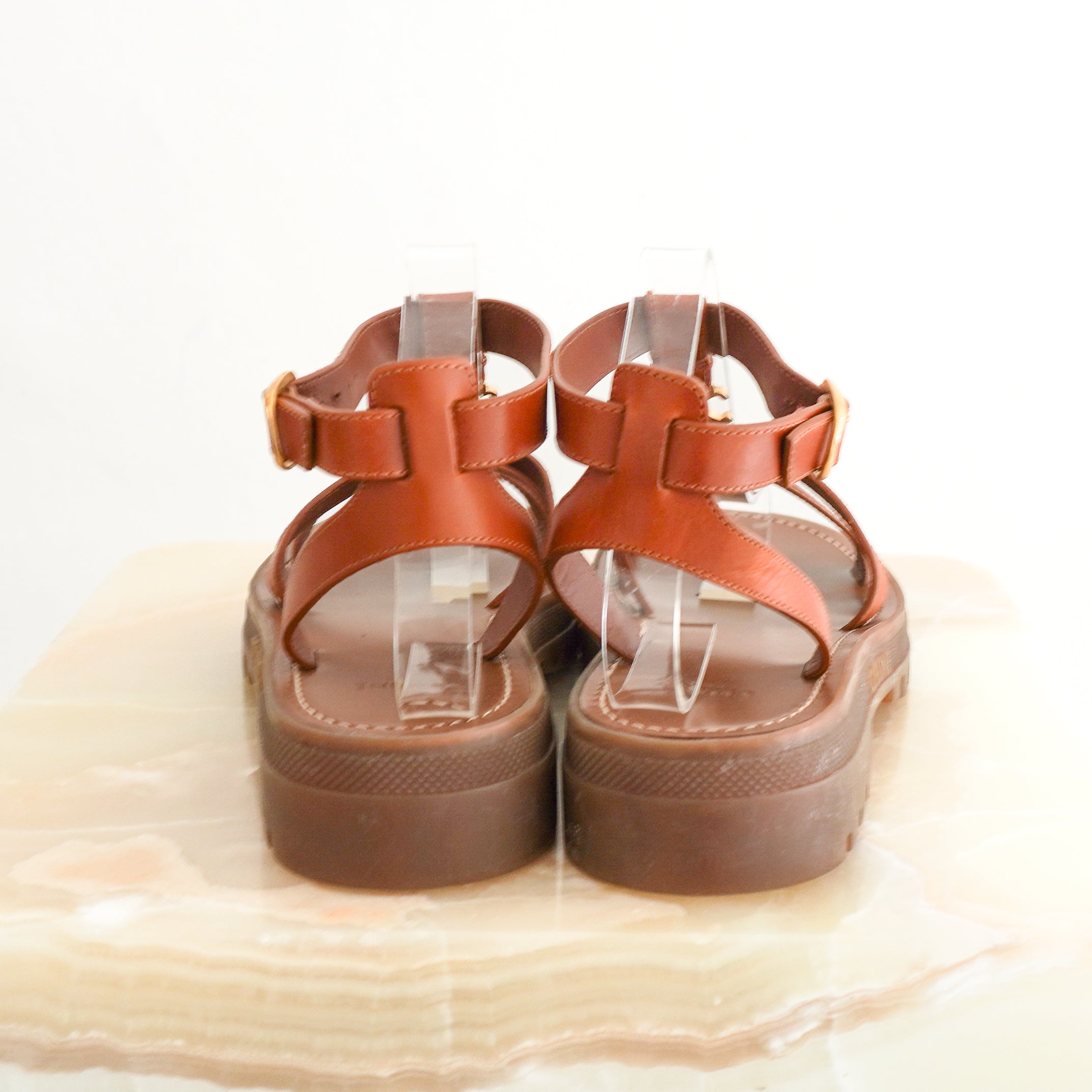 Celine Clea Triomphe Chunky Sandals in Tan Calfskin back photo chelsea london