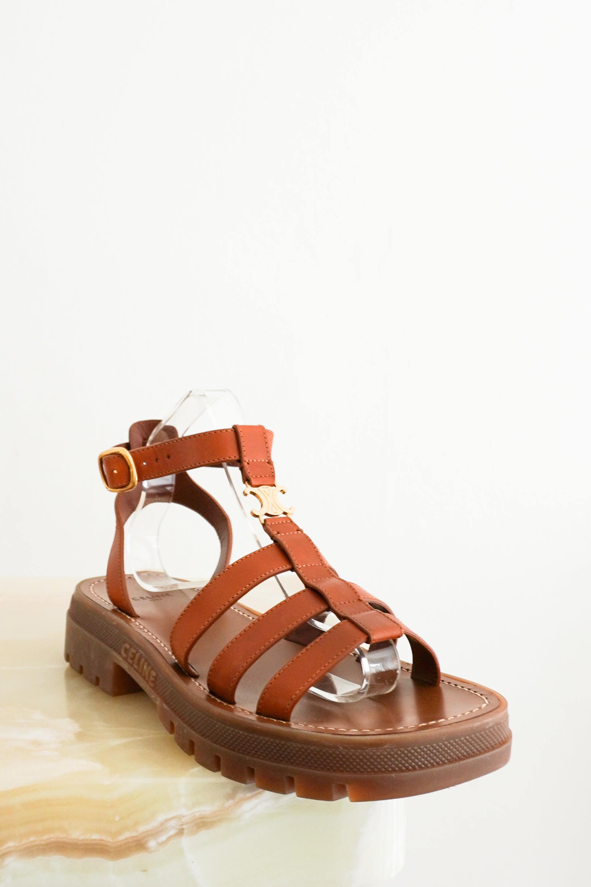 Celine Clea Triomphe Chunky Sandals in Tan Calfskin front photo chelsea london