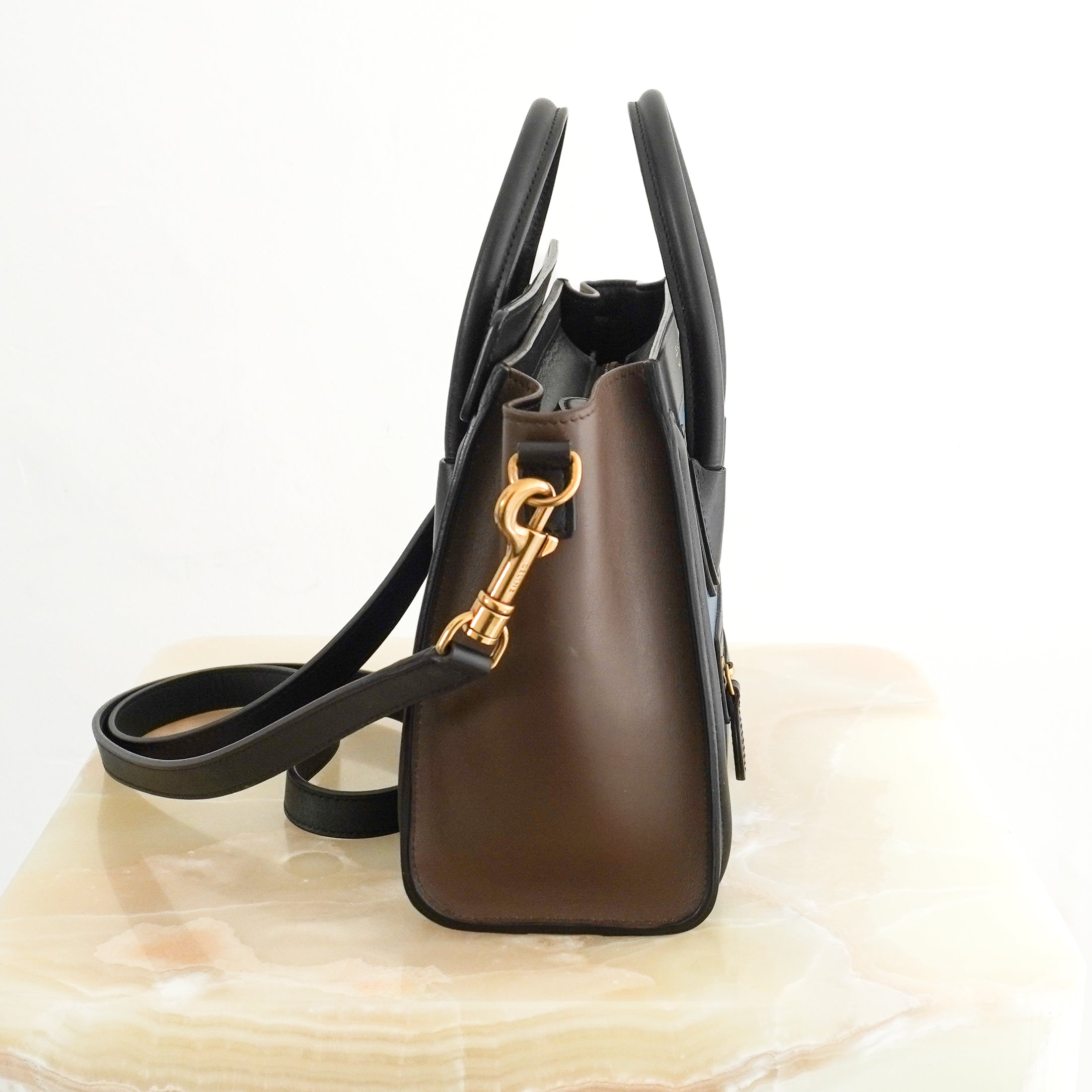 Celine Micro Luggage Bag in Blue, Black & Brown Calfskin Leather with Gold-Tone Hardware side photo chelsea london