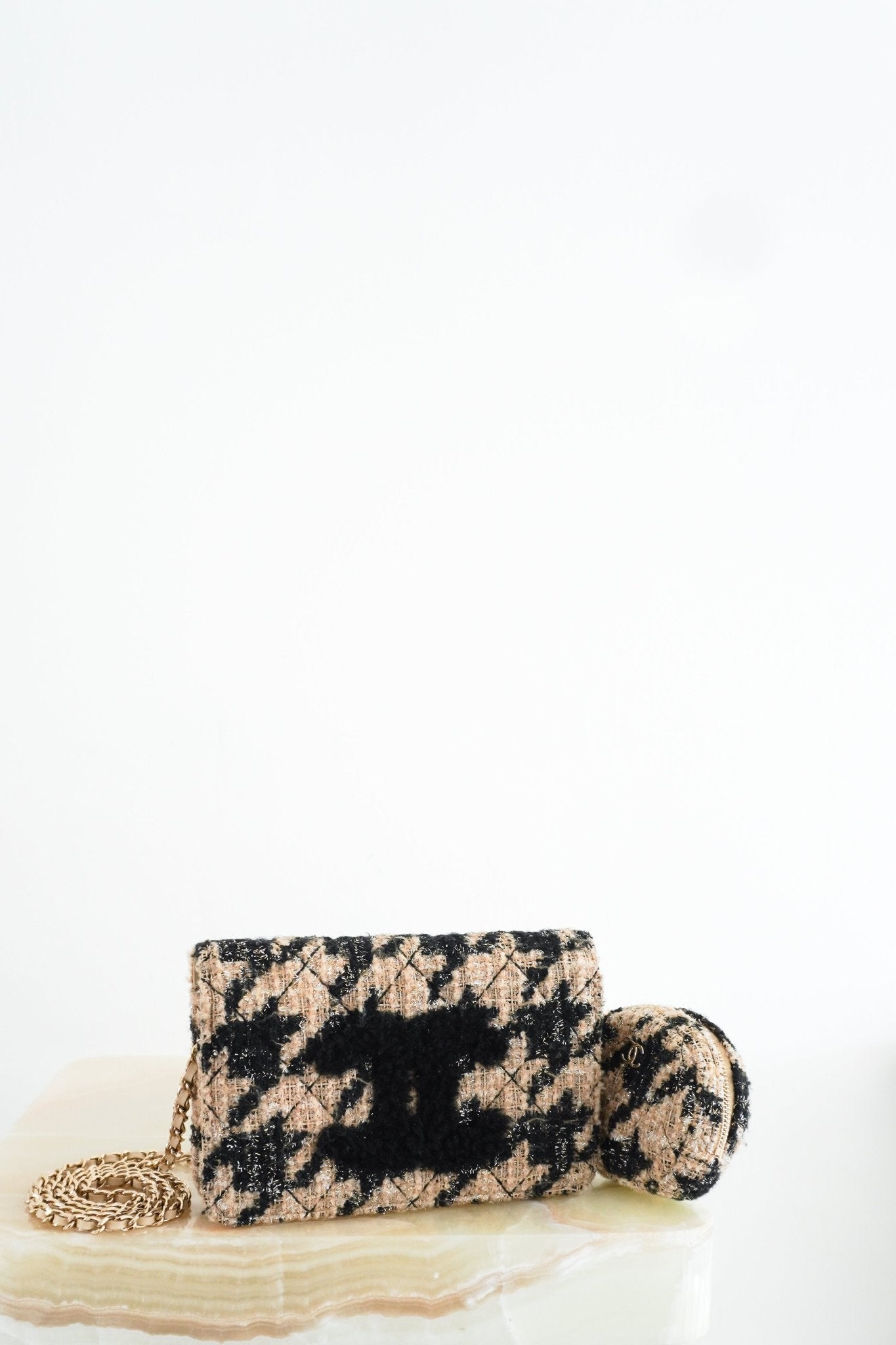 Chanel Beige and Black Houndstooth Tweed Wallet On Chain with Coin Pouch RRP £3500 | Authentic Preloved - Reloved Again