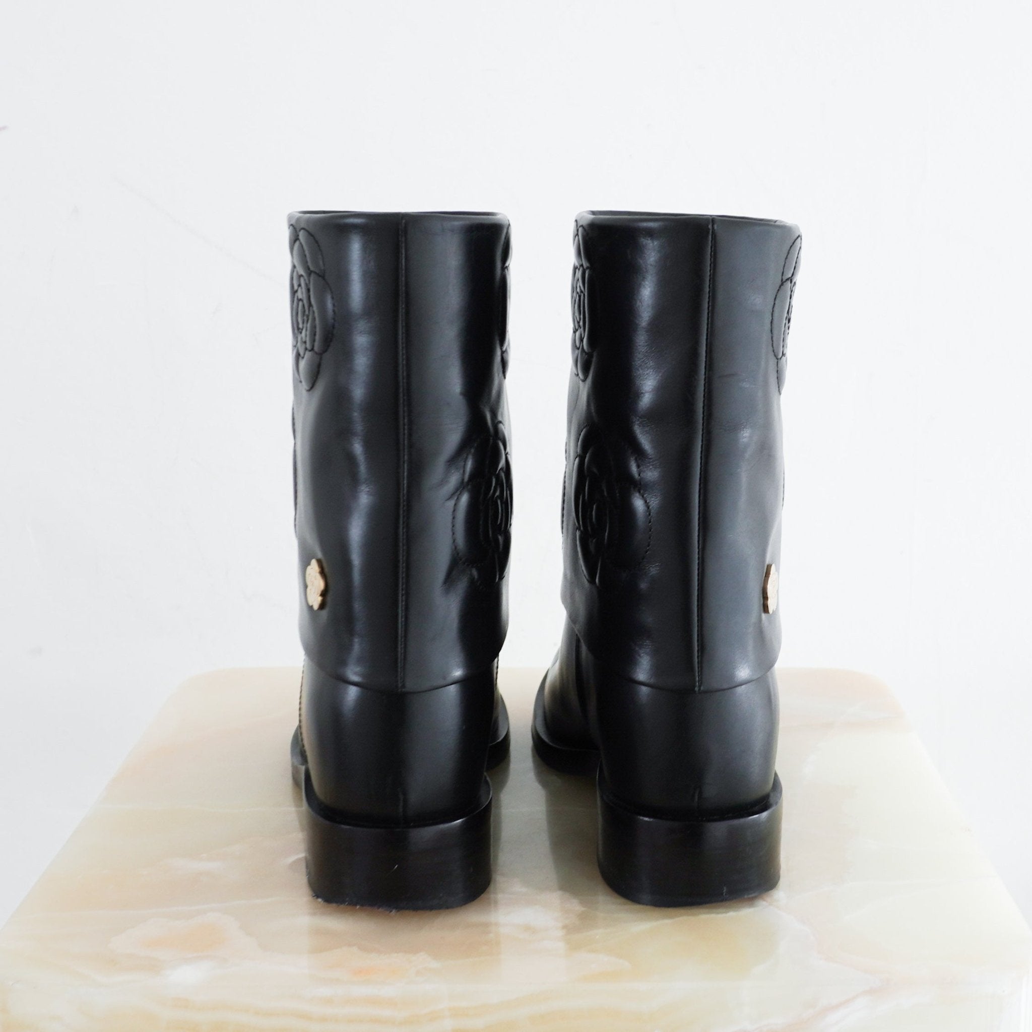 Chanel Black Leather Camelia Boots RRP £1500 | Authentic Preloved - Reloved Again