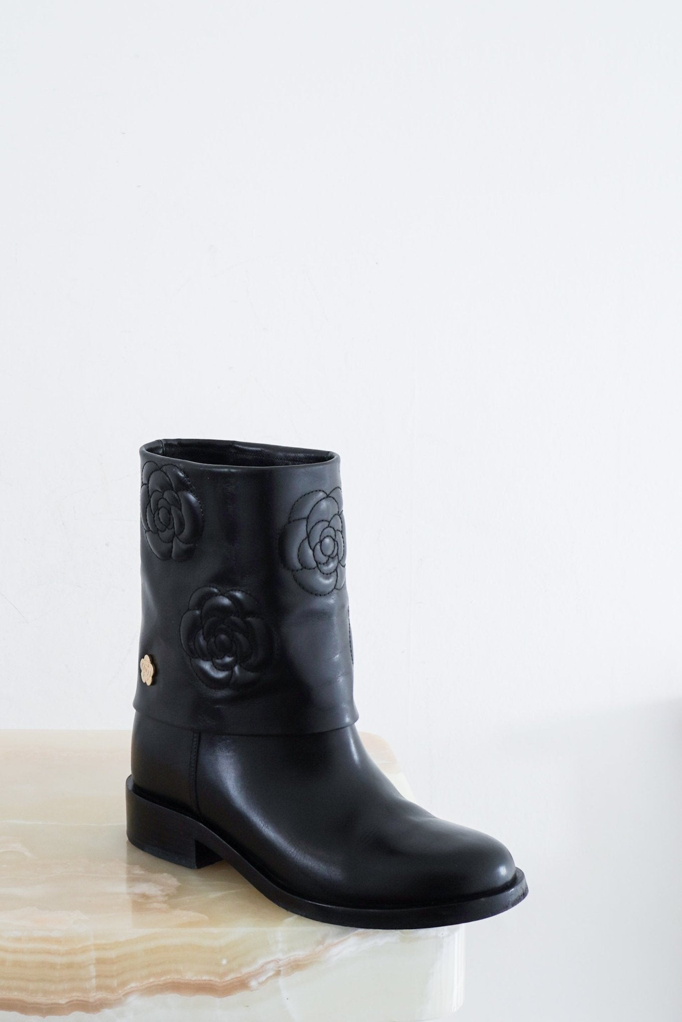 Chanel Black Leather Camelia Boots RRP £1500 | Authentic Preloved - Reloved Again