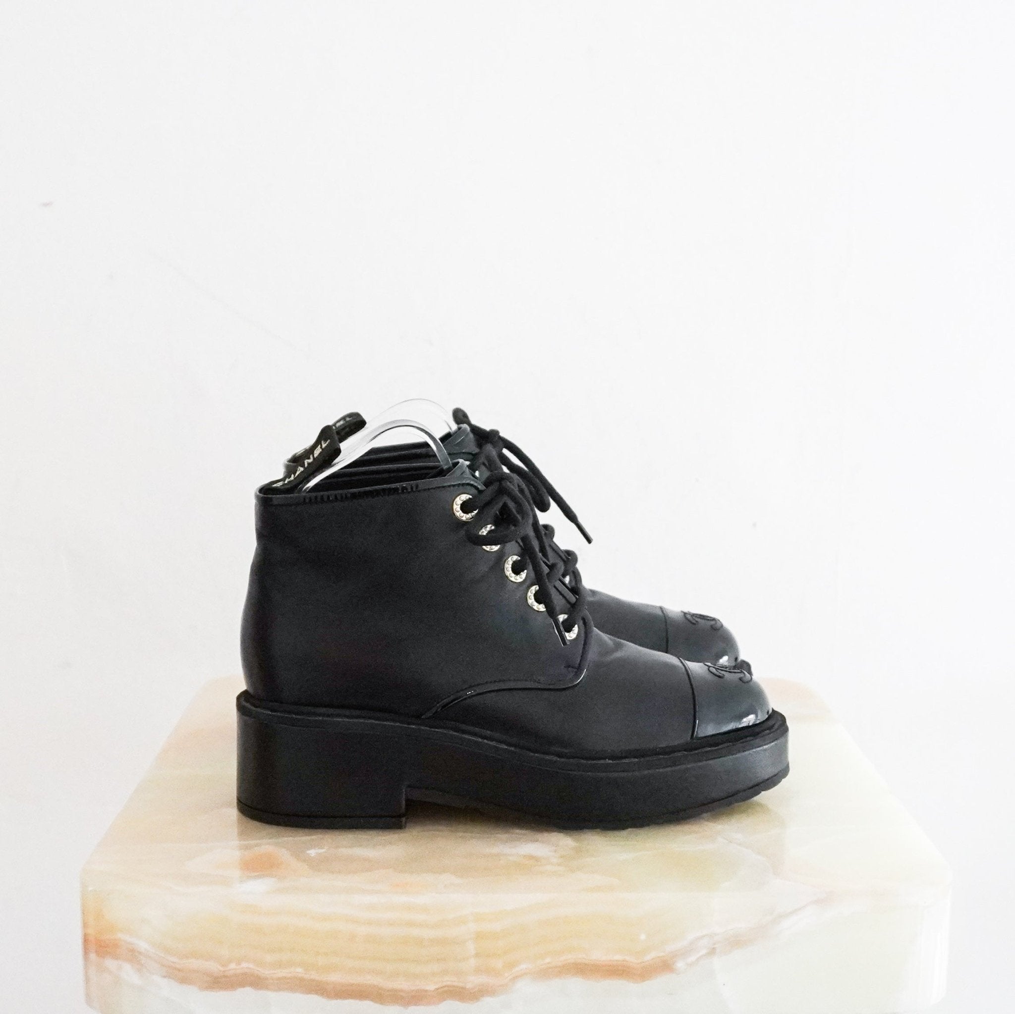 Chanel Black Leather Patent CC Cap Boots RRP £1500 | Authentic Preloved - Reloved Again