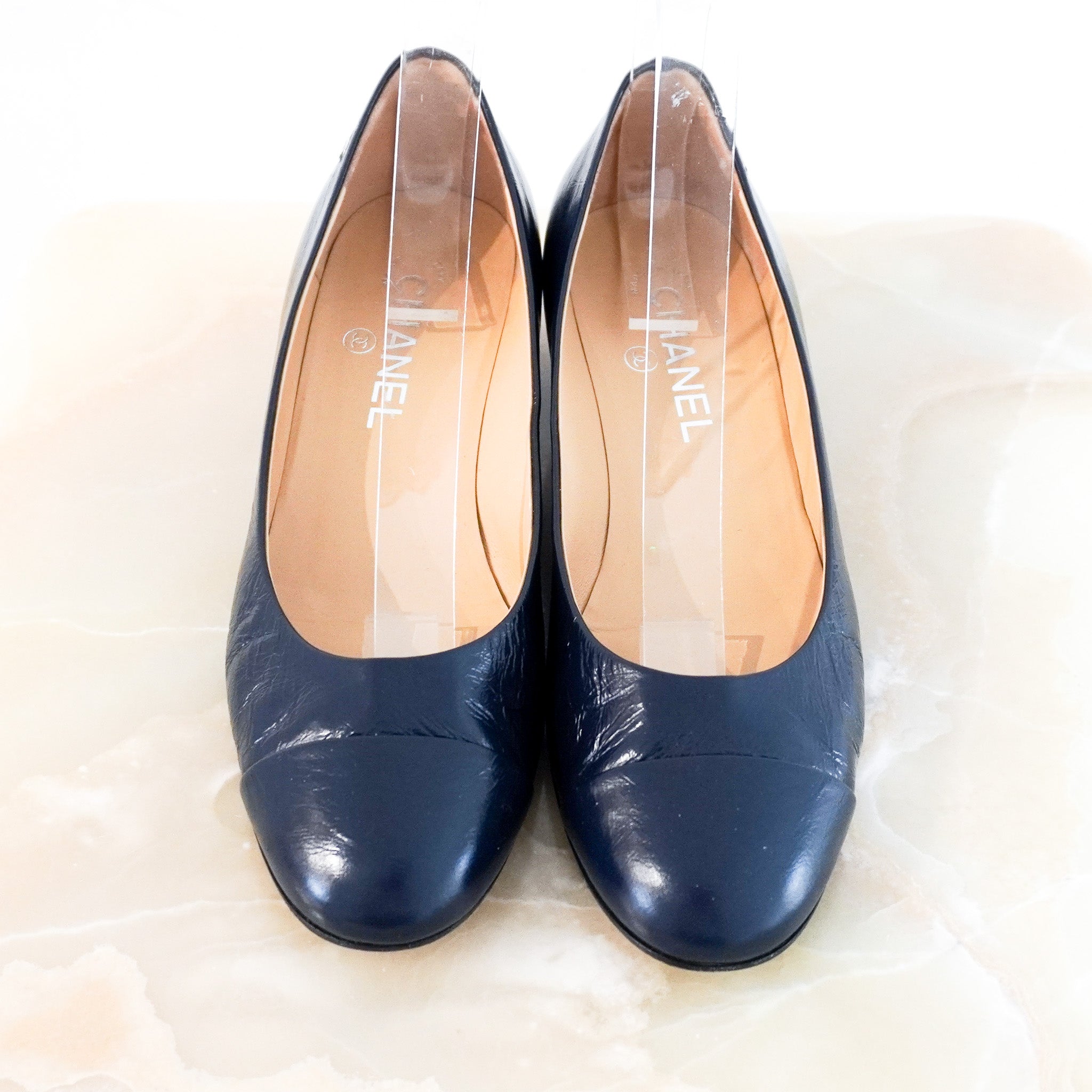Chanel CC Navy Block Heels RRP £800 | Authentic Preloved - Reloved Again