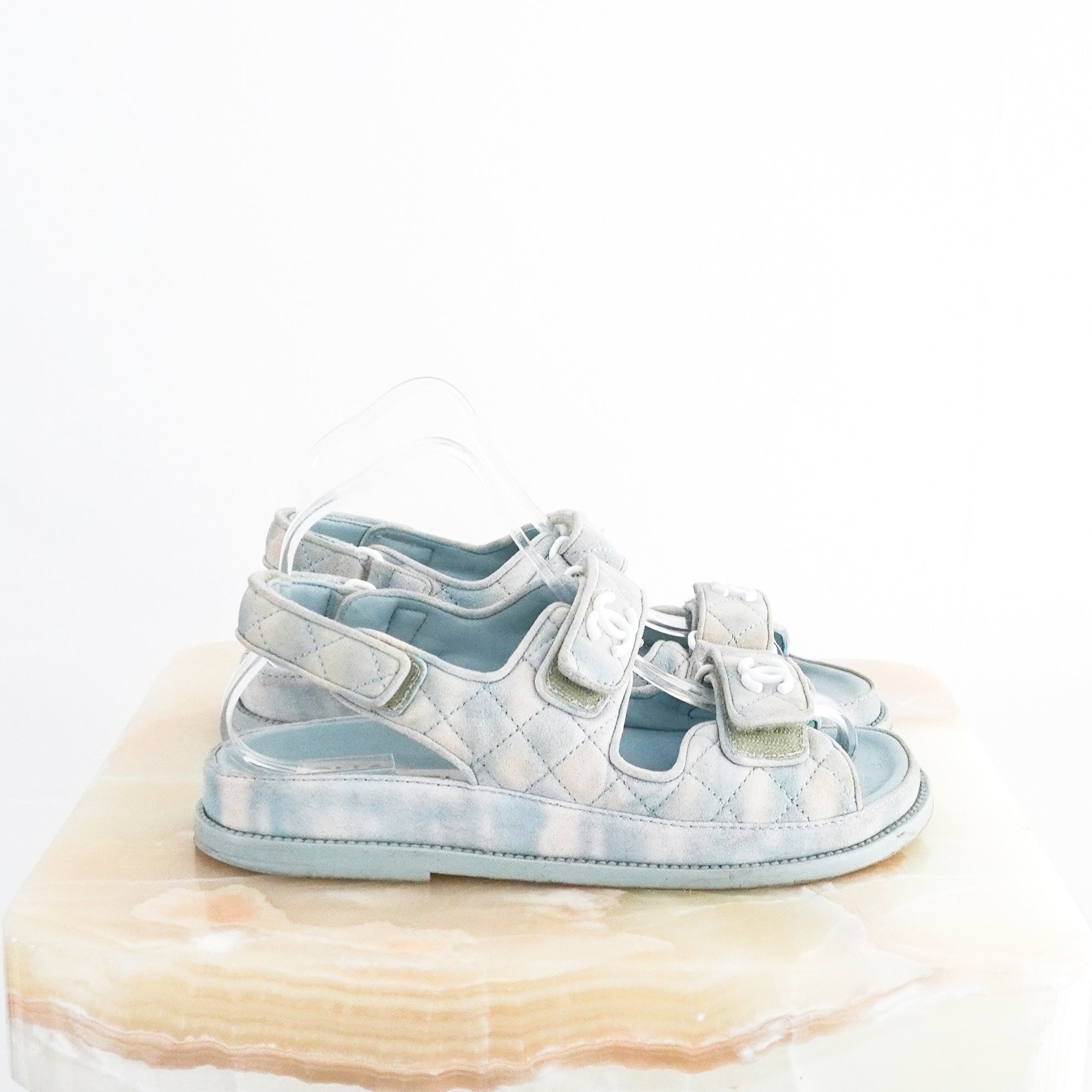Chanel-Pastel-Blue-and-White-Quilted-Dad-Sandals-side-picture-Chelsea-London