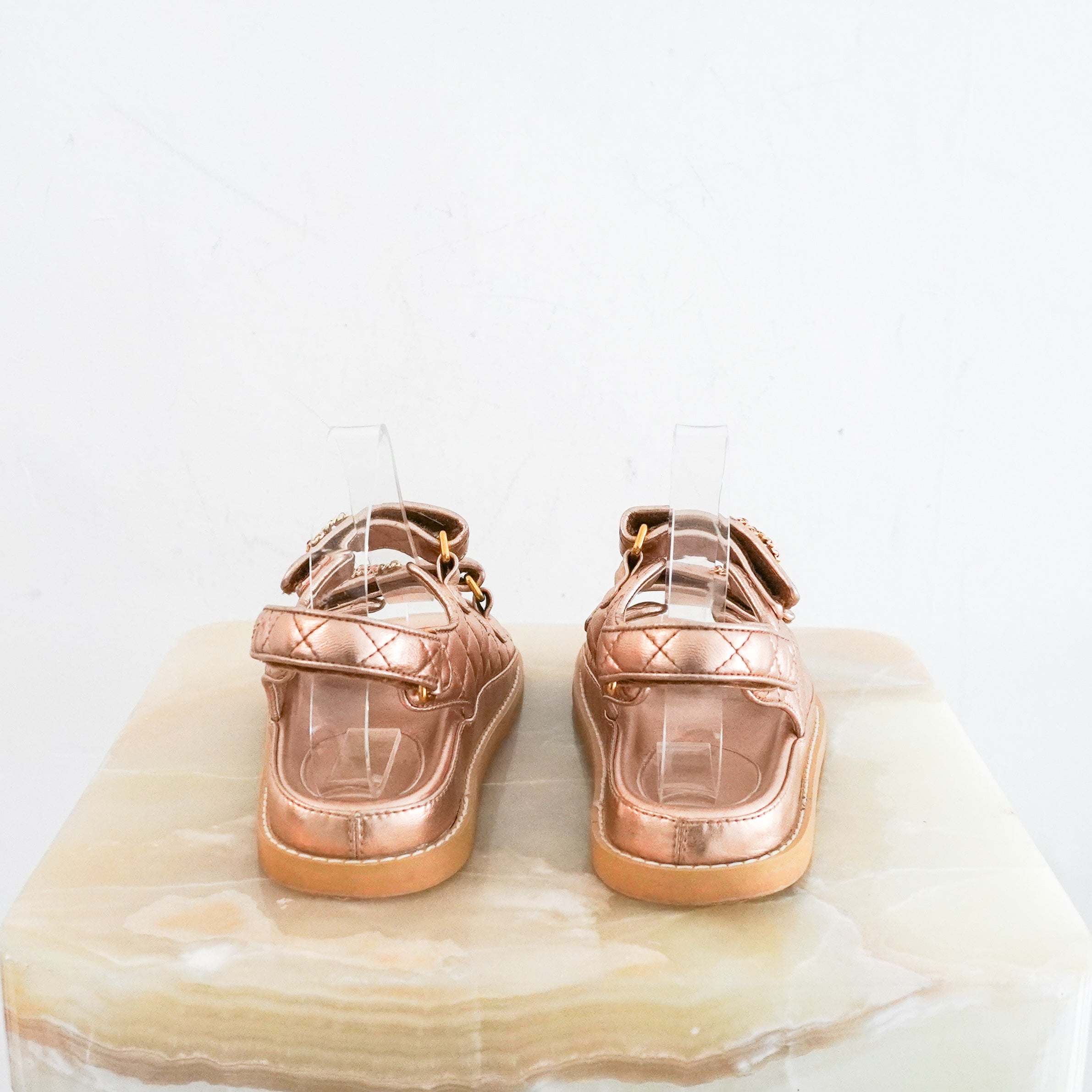 Chanel-Rose-Gold-Quilted-Dad-Sandals-back-picture-Chelsea-London