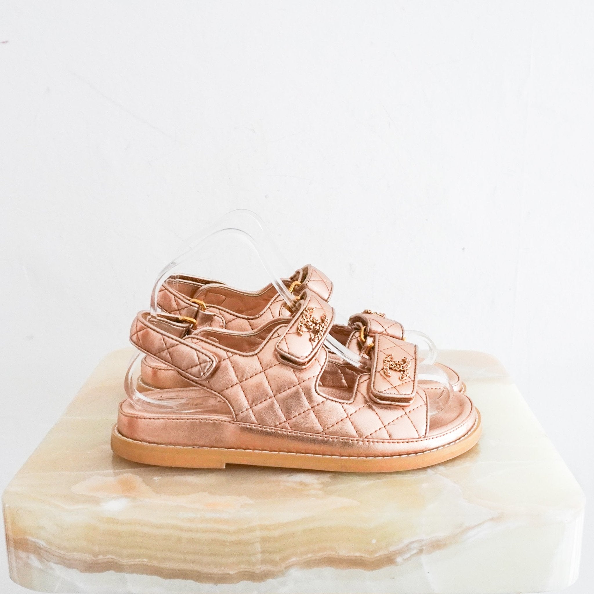 Chanel Rose Gold Quilted Dad Sandals RRP £1600 | Authentic Preloved - Reloved Again