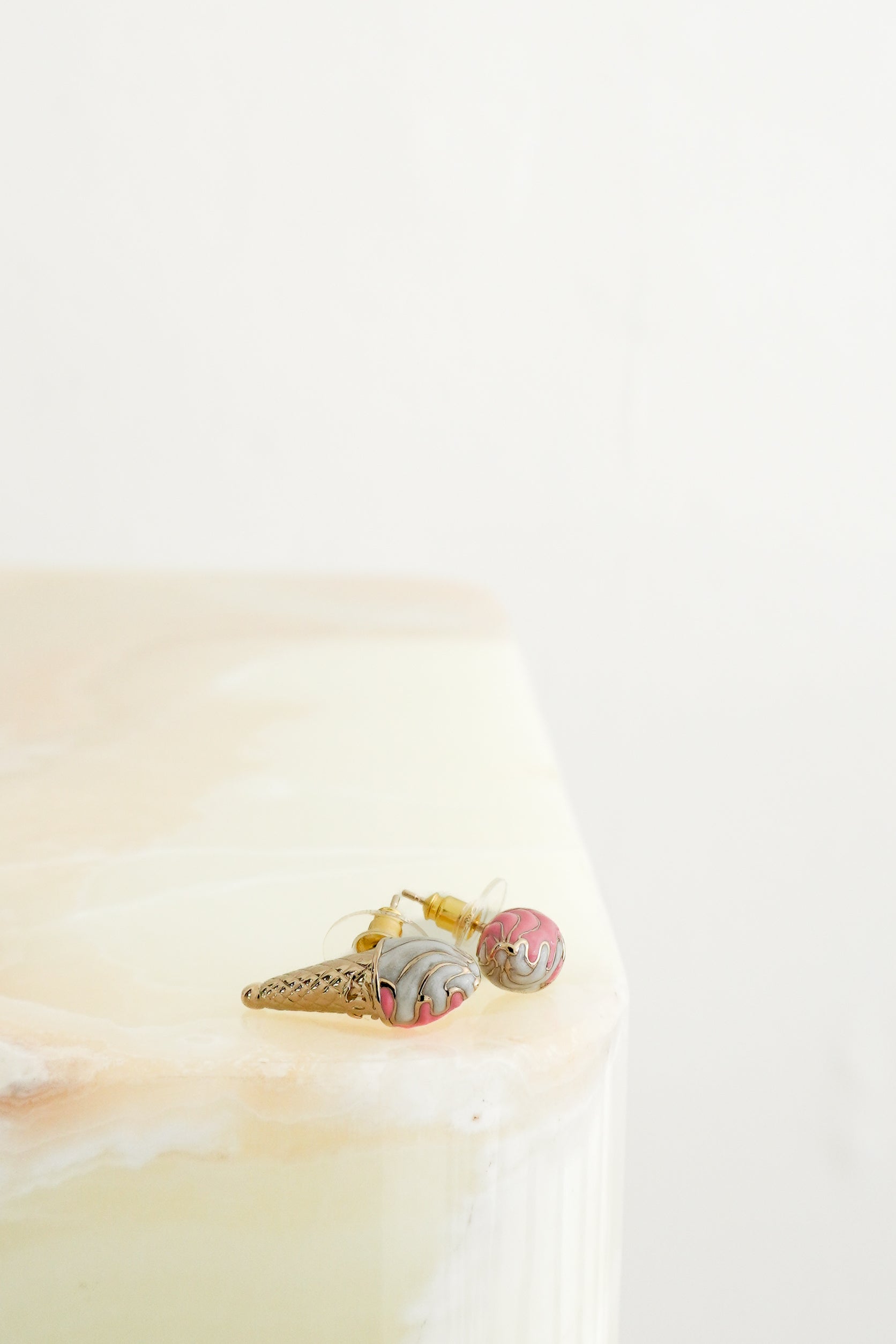 Chanel B20 Ice Cream Cone CC Stud Earrings Gold-Tone Metal, Pink & White Resin front photo chelsea london