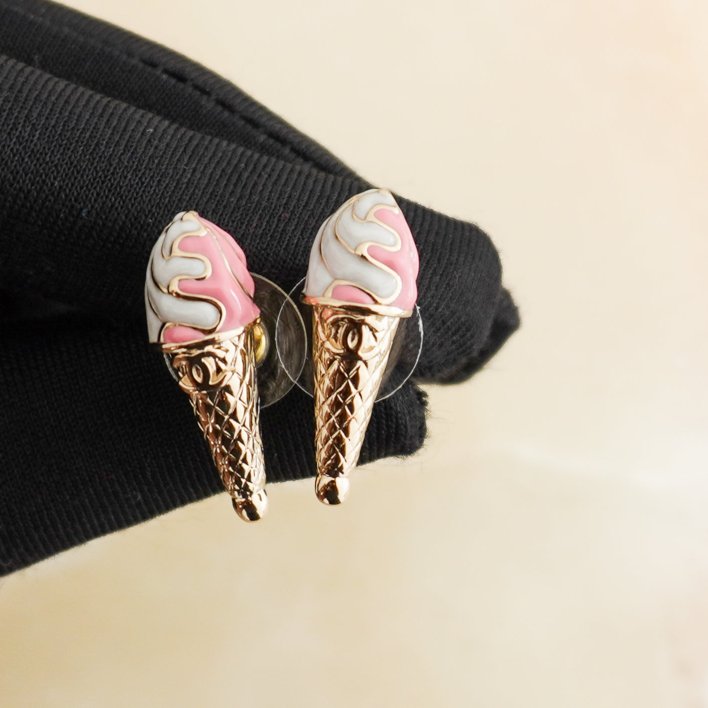 Chanel B20 Ice Cream Cone CC Stud Earrings in Gold-Tone Metal front