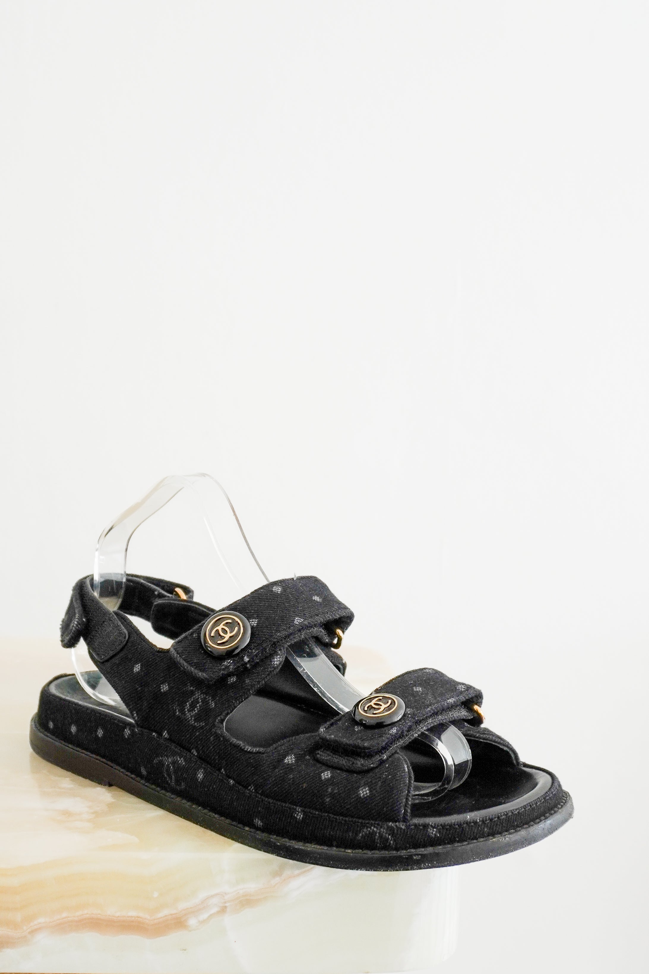 Chanel Black Denim CC Dad Sandals front photo