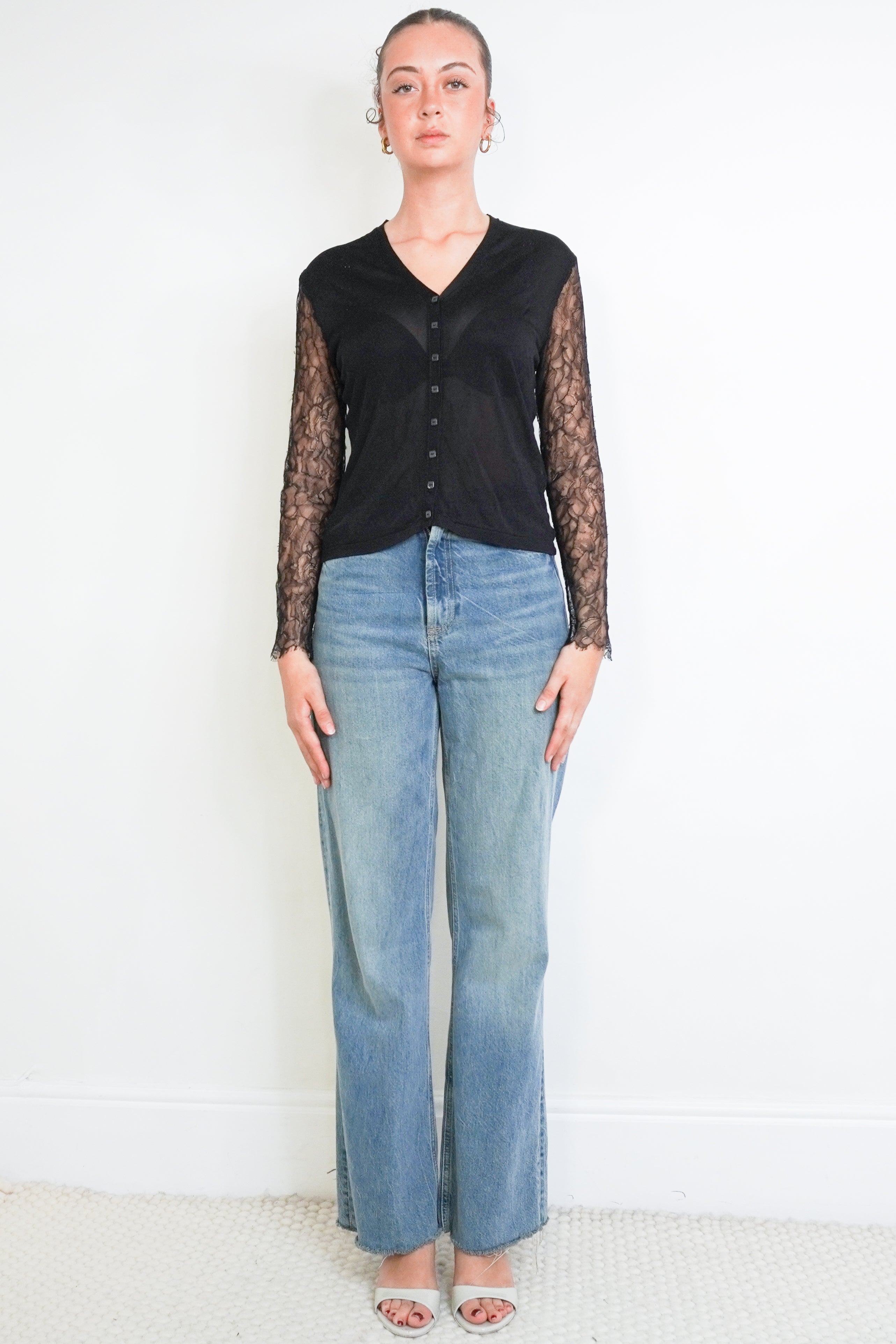 Chanel Black Lace Sleeve Cardigan front photo chelsea london